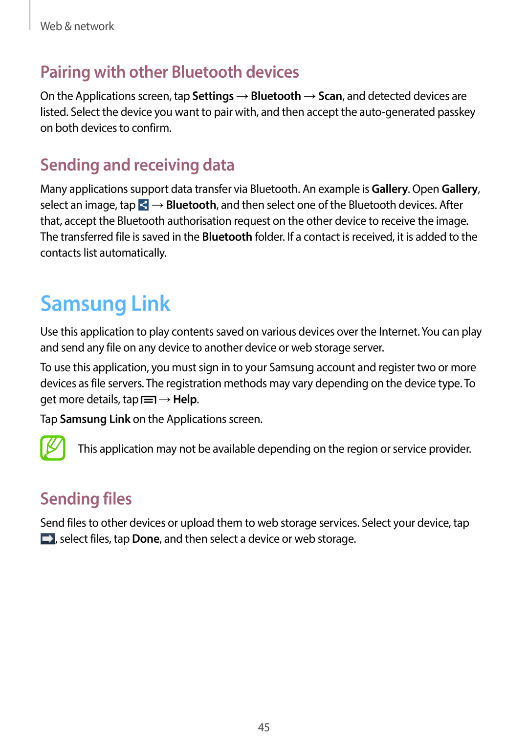 Samsung SM-T110 user manual Samsung Link, Pairing with other Bluetooth devices, Sending and receiving data, Sending files 