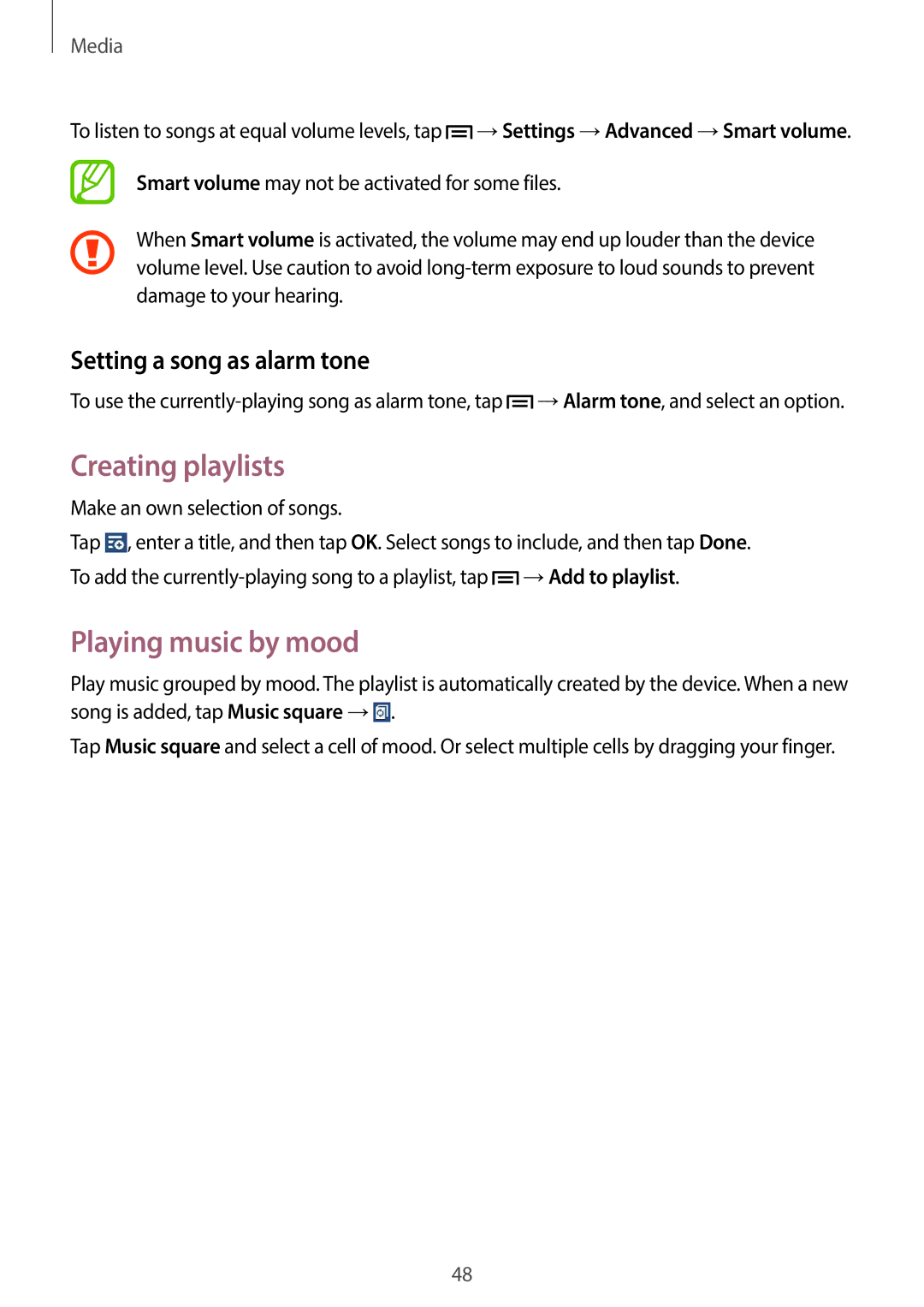 Samsung SM-T110 user manual Creating playlists, Playing music by mood, Setting a song as alarm tone 