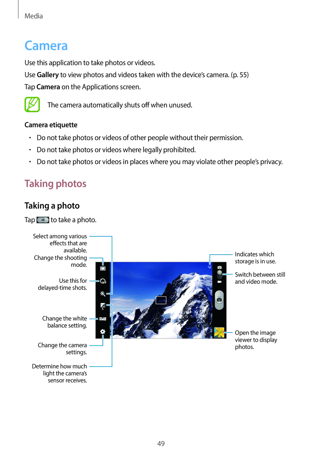 Samsung SM-T110 user manual Taking photos, Taking a photo, Camera etiquette 