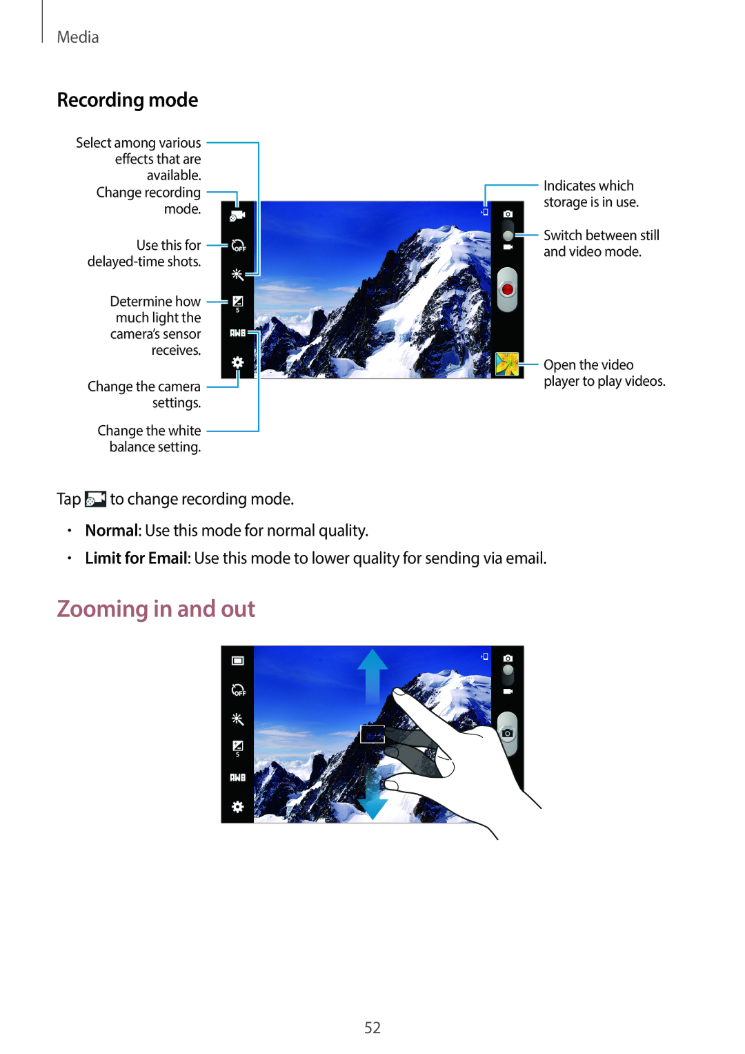 Samsung SM-T110 user manual Zooming in and out, Recording mode 