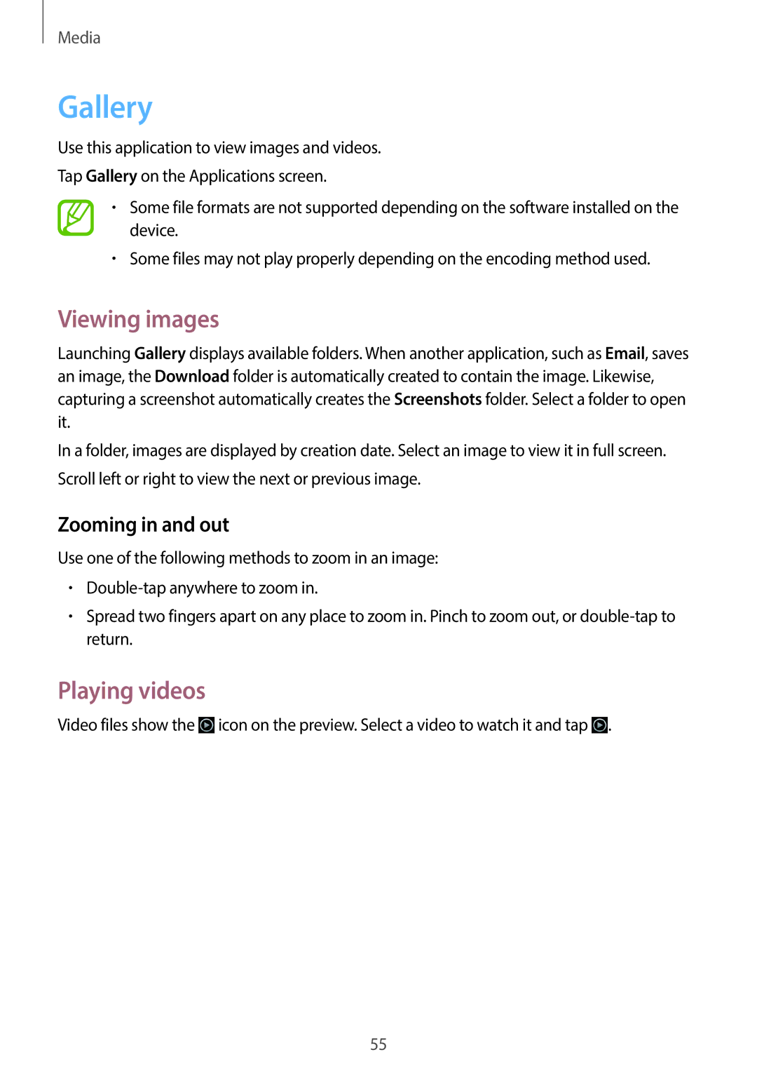 Samsung SM-T110 user manual Gallery, Viewing images, Playing videos, Zooming in and out 