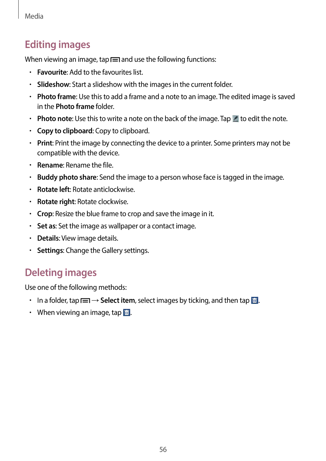 Samsung SM-T110 user manual Editing images, Deleting images 