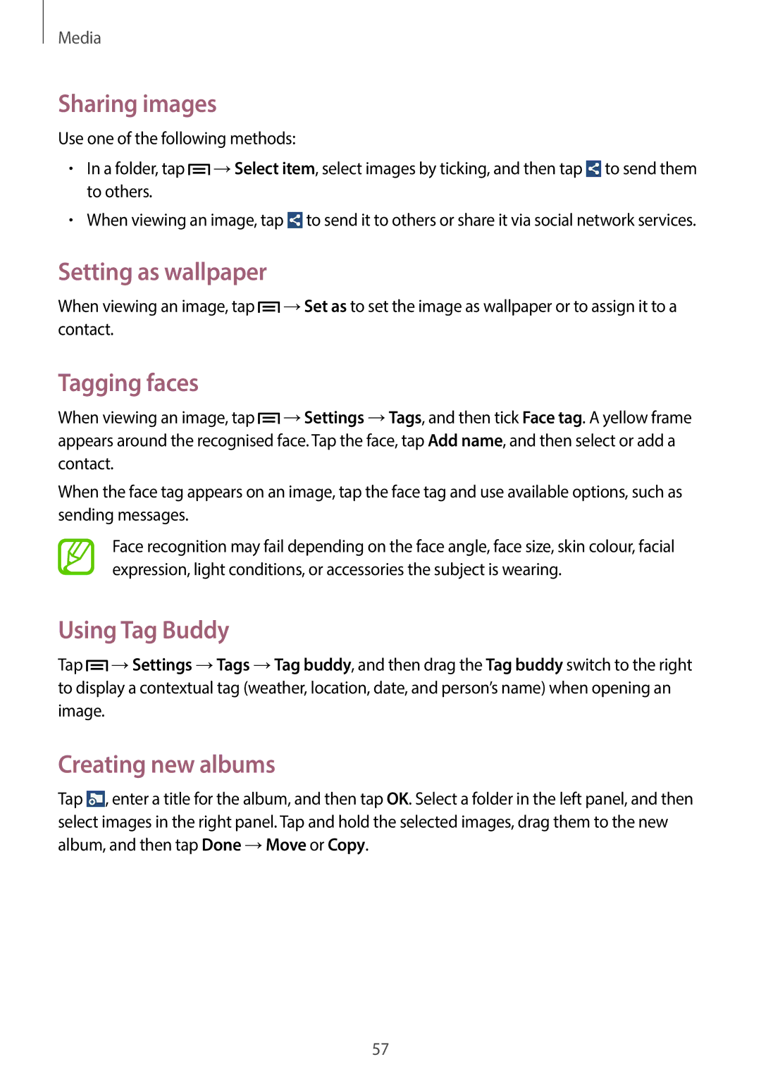 Samsung SM-T110 user manual Sharing images, Setting as wallpaper, Tagging faces, Using Tag Buddy, Creating new albums 