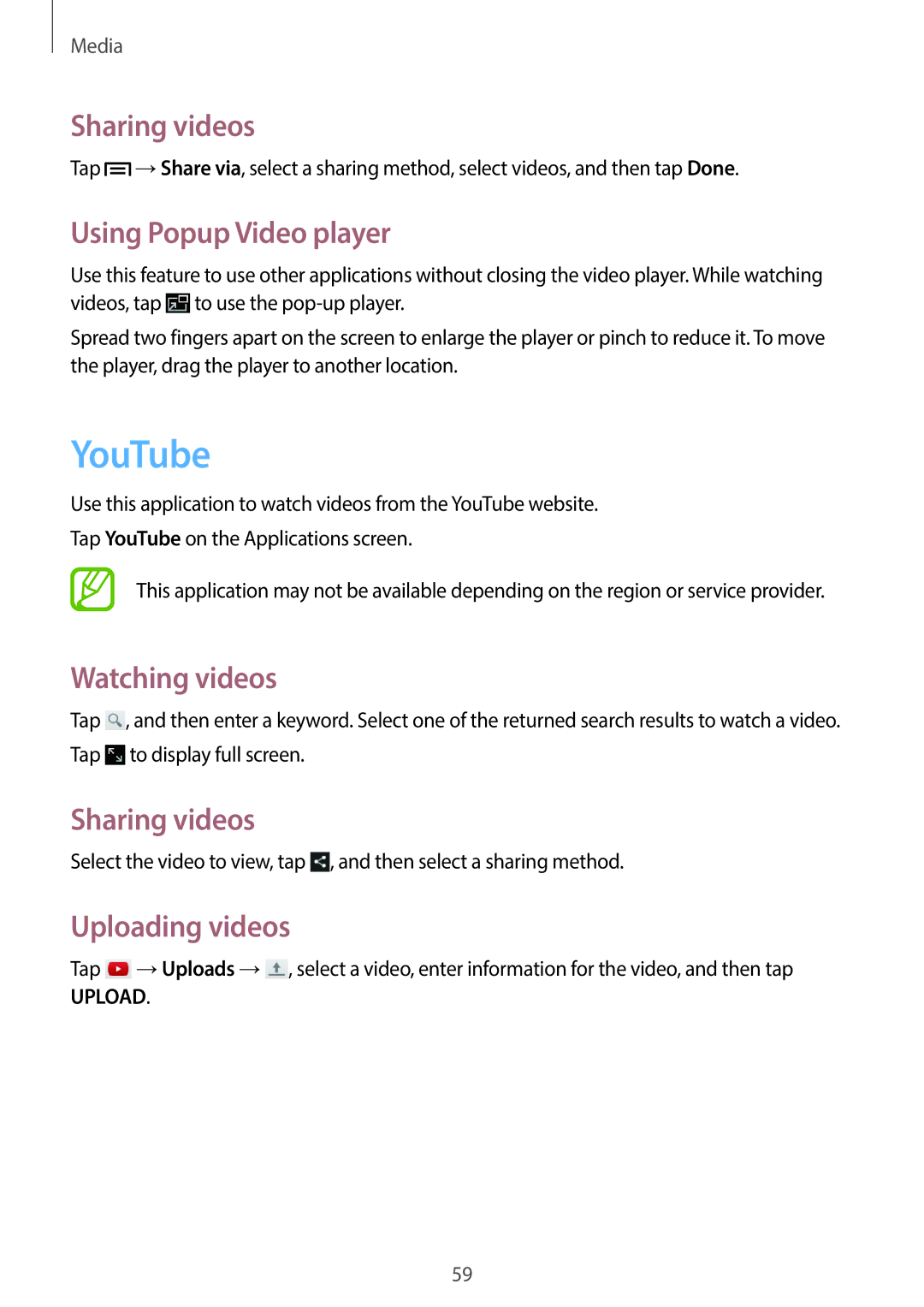 Samsung SM-T110 user manual YouTube, Sharing videos, Using Popup Video player, Watching videos, Uploading videos 