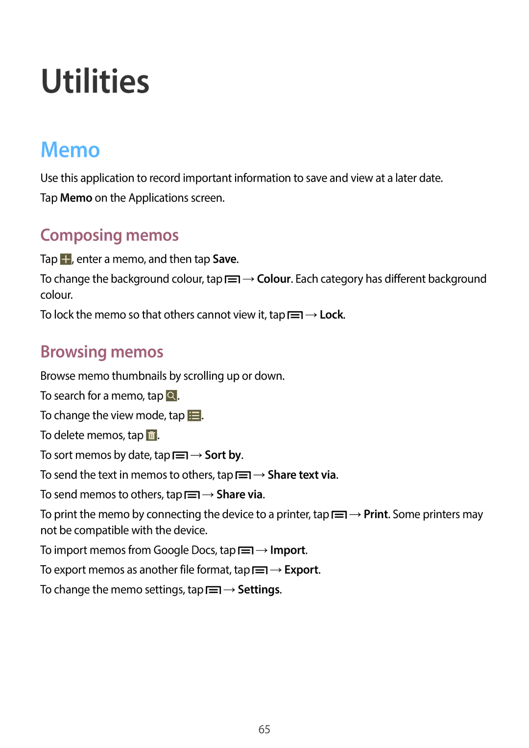 Samsung SM-T110 user manual Utilities, Memo, Composing memos, Browsing memos 