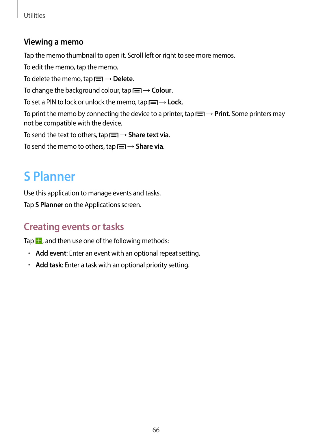 Samsung SM-T110 user manual Planner, Creating events or tasks, Viewing a memo 