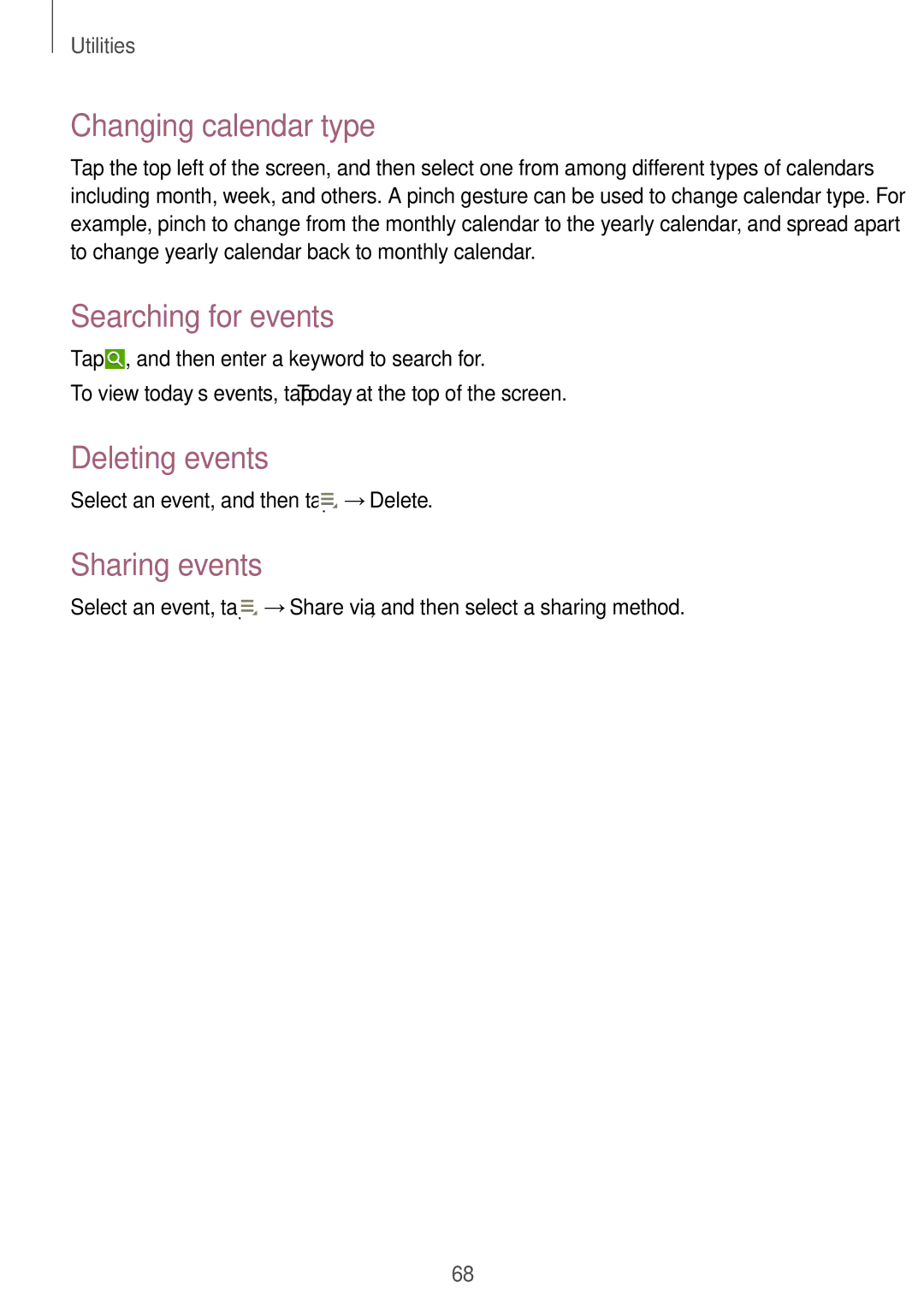 Samsung SM-T110 user manual Changing calendar type, Searching for events, Deleting events, Sharing events 
