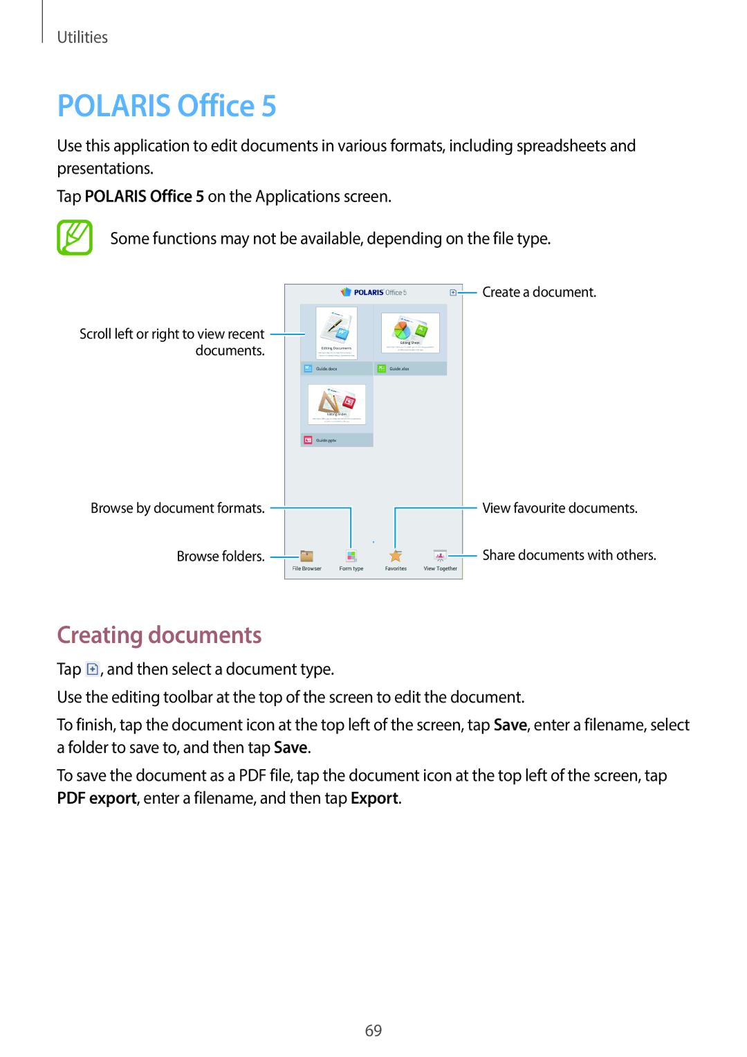 Samsung SM-T110 user manual Polaris Office, Creating documents 