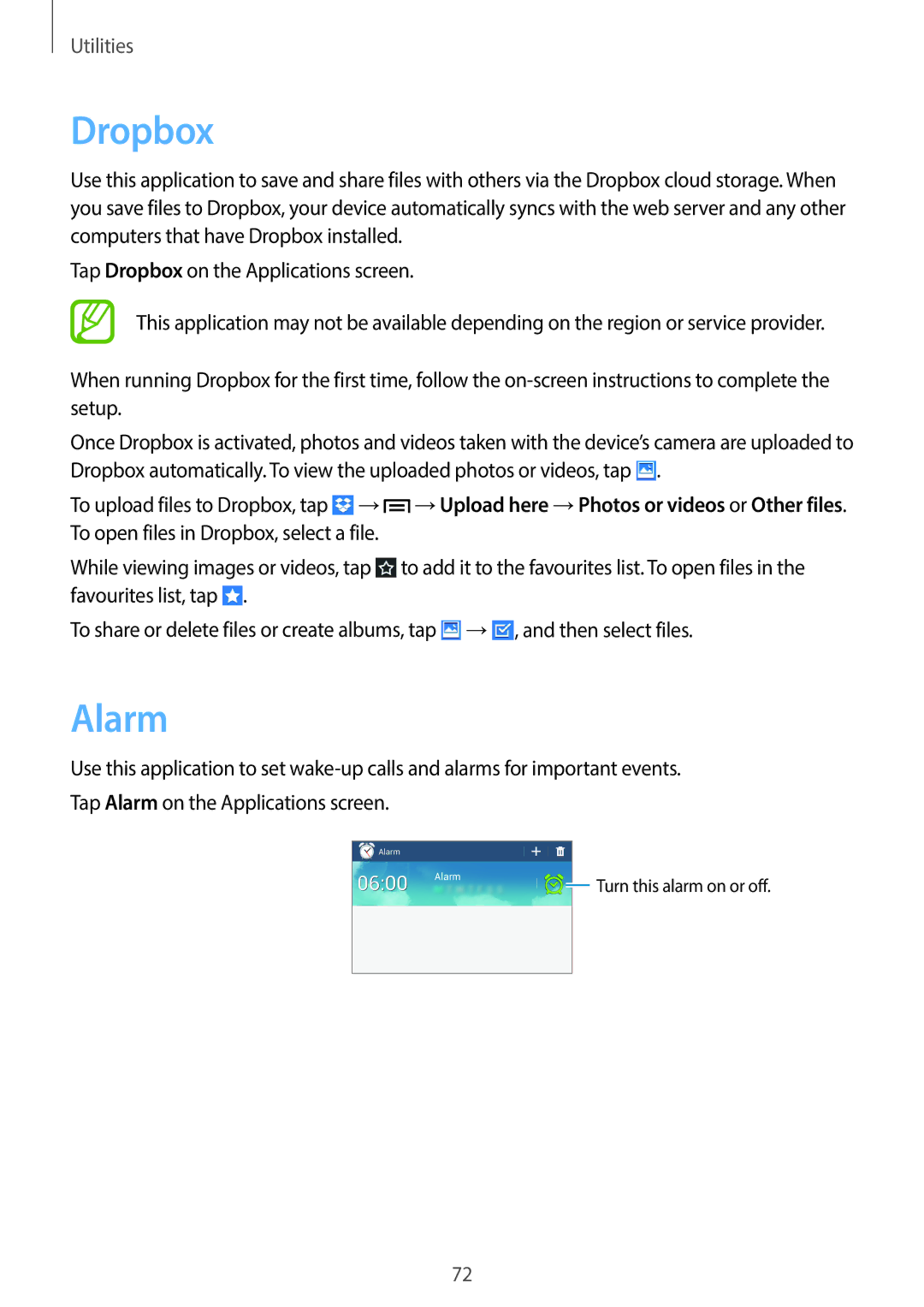 Samsung SM-T110 user manual Dropbox, Alarm 