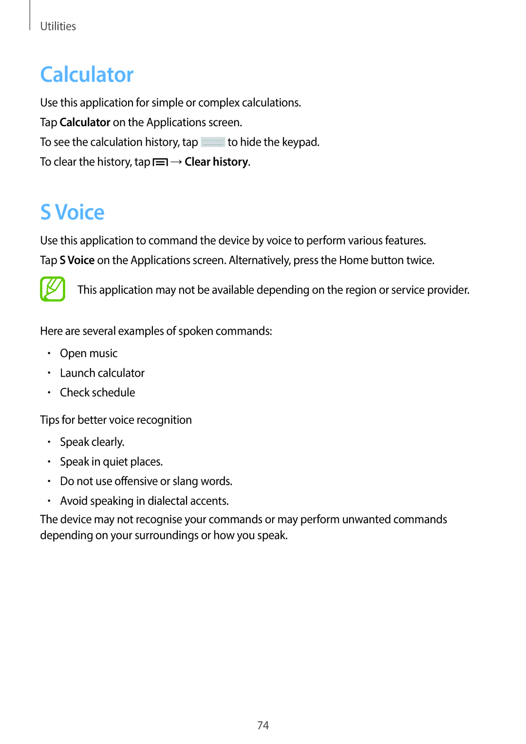 Samsung SM-T110 user manual Calculator, Voice 