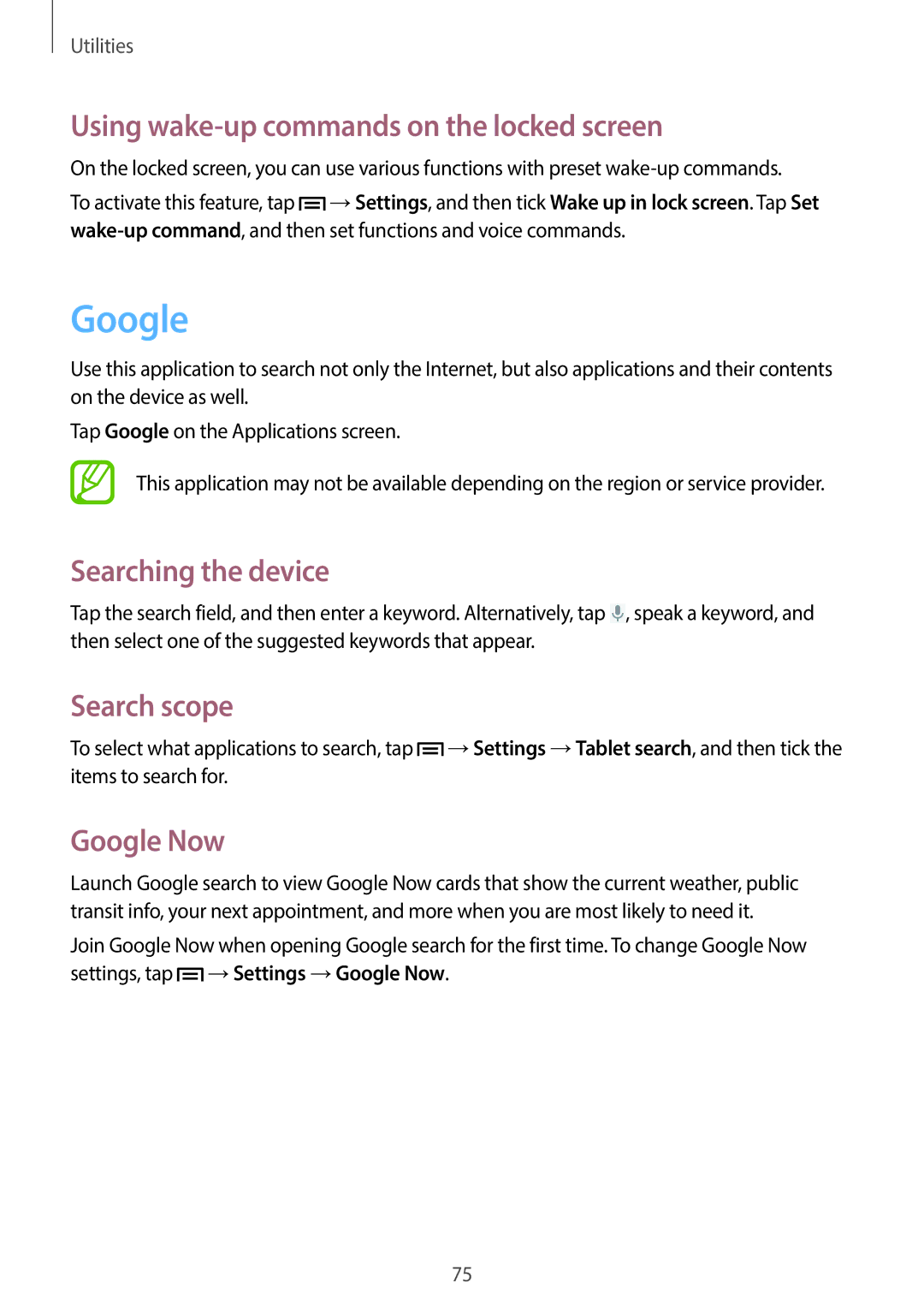 Samsung SM-T110 user manual Using wake-up commands on the locked screen, Searching the device, Search scope, Google Now 