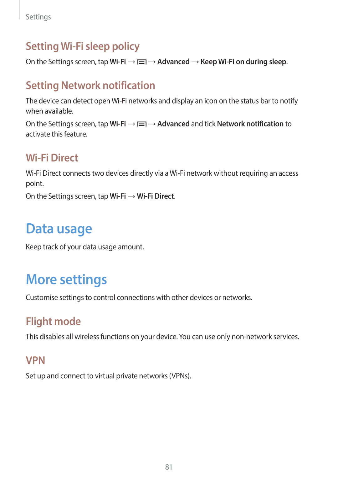 Samsung SM-T110 user manual Data usage, More settings 