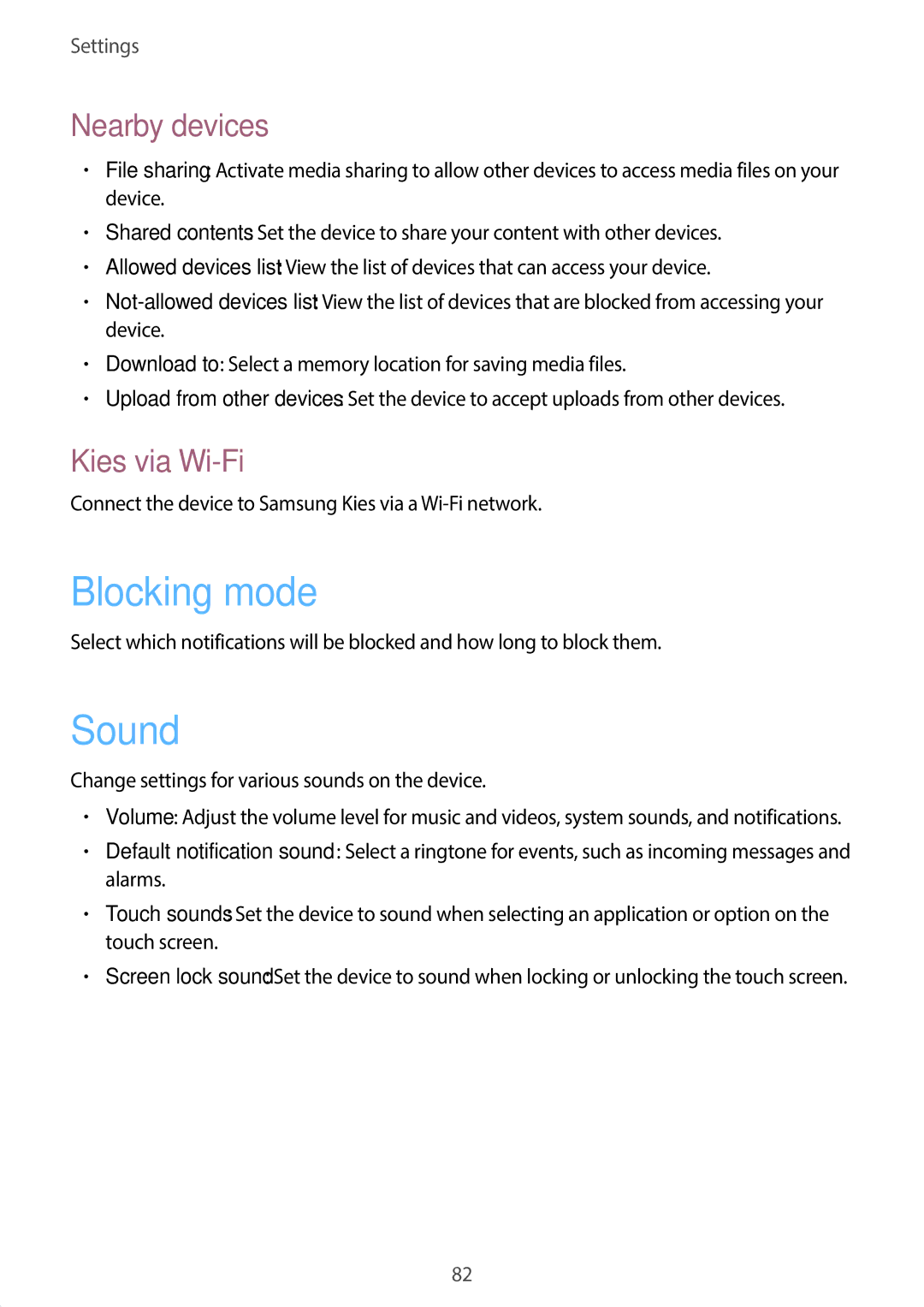 Samsung SM-T110 user manual Blocking mode, Sound, Nearby devices, Kies via Wi-Fi 