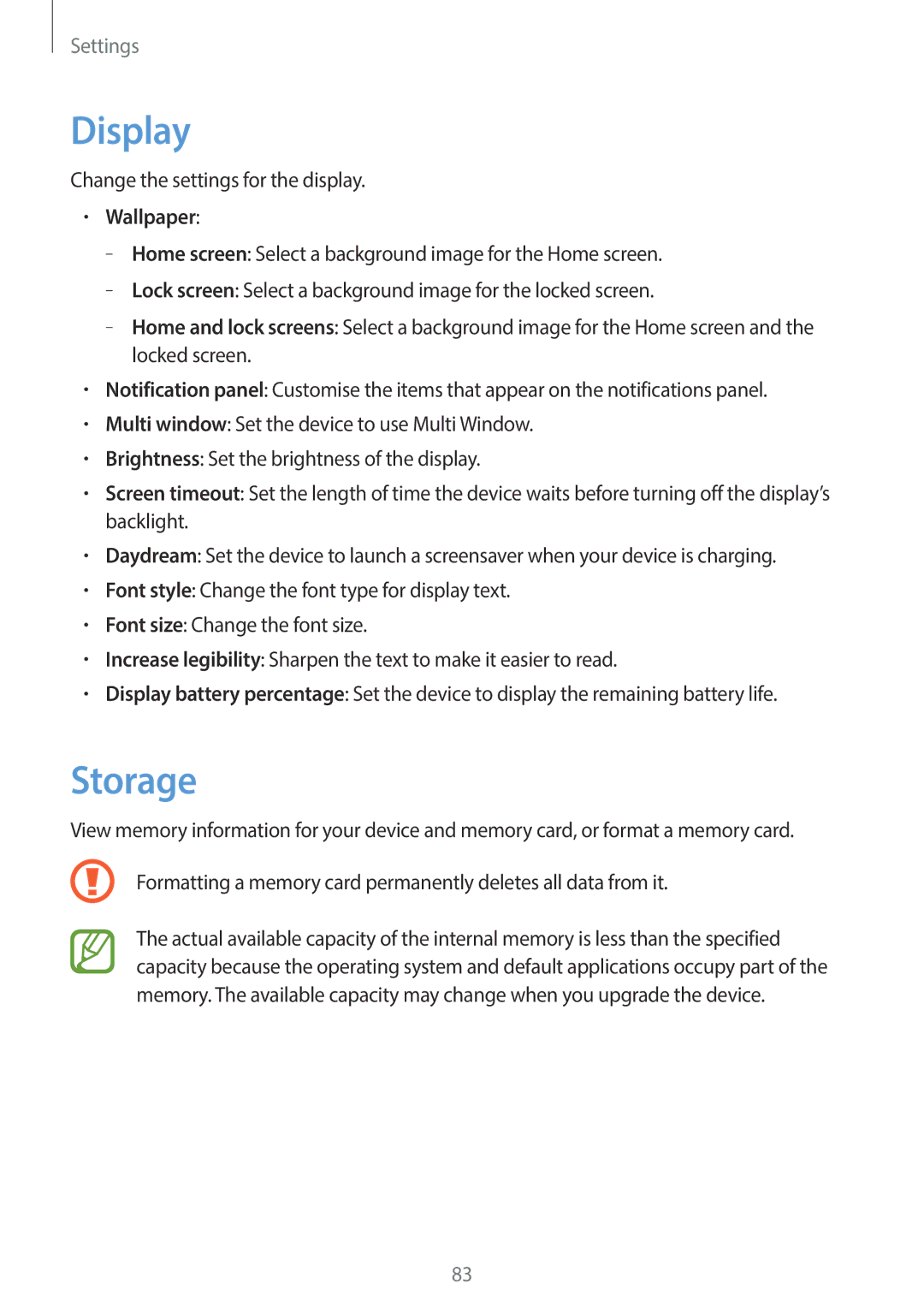 Samsung SM-T110 user manual Display, Storage, Wallpaper 