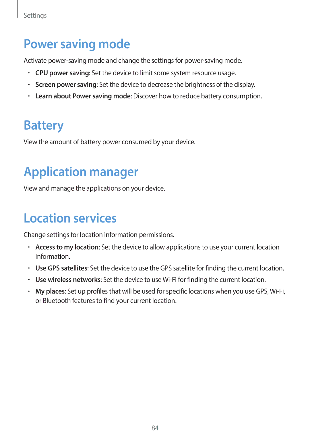 Samsung SM-T110 user manual Power saving mode, Battery, Application manager, Location services 