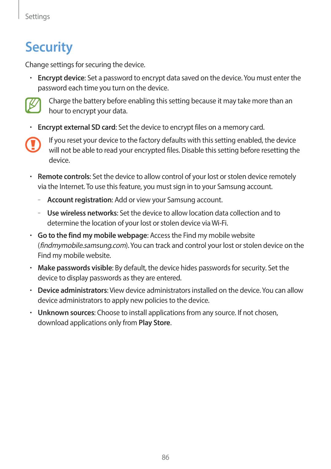 Samsung SM-T110 user manual Security, Account registration Add or view your Samsung account 