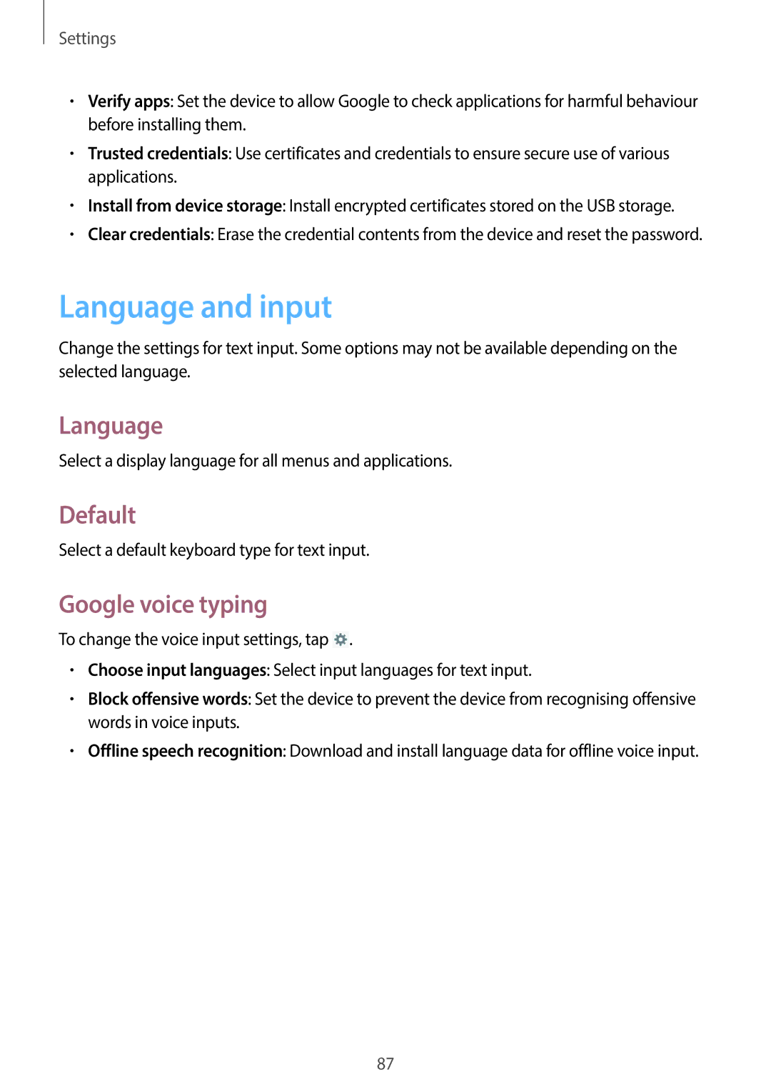 Samsung SM-T110 user manual Language and input, Default, Google voice typing 