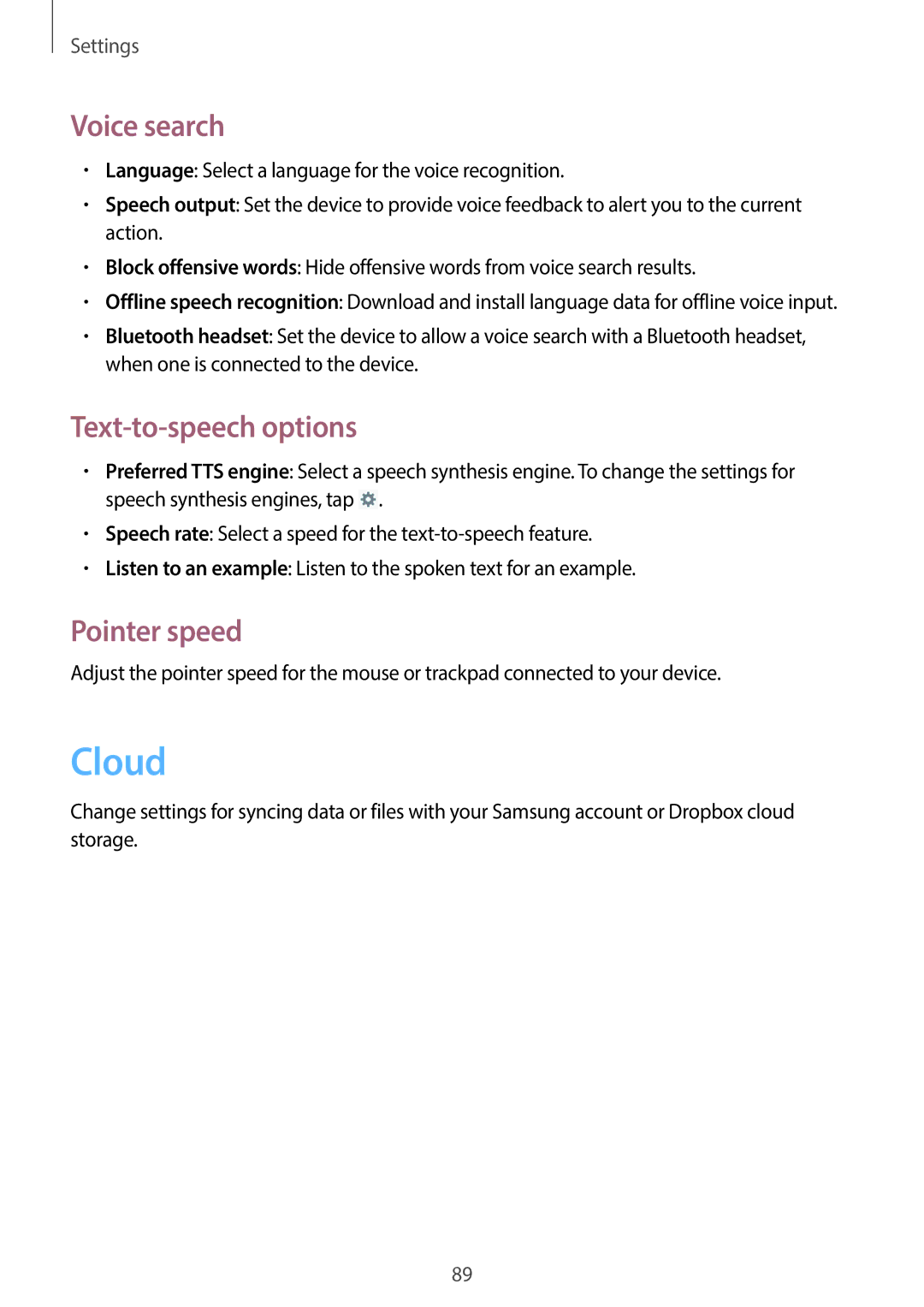 Samsung SM-T110 user manual Cloud, Voice search, Text-to-speech options, Pointer speed 