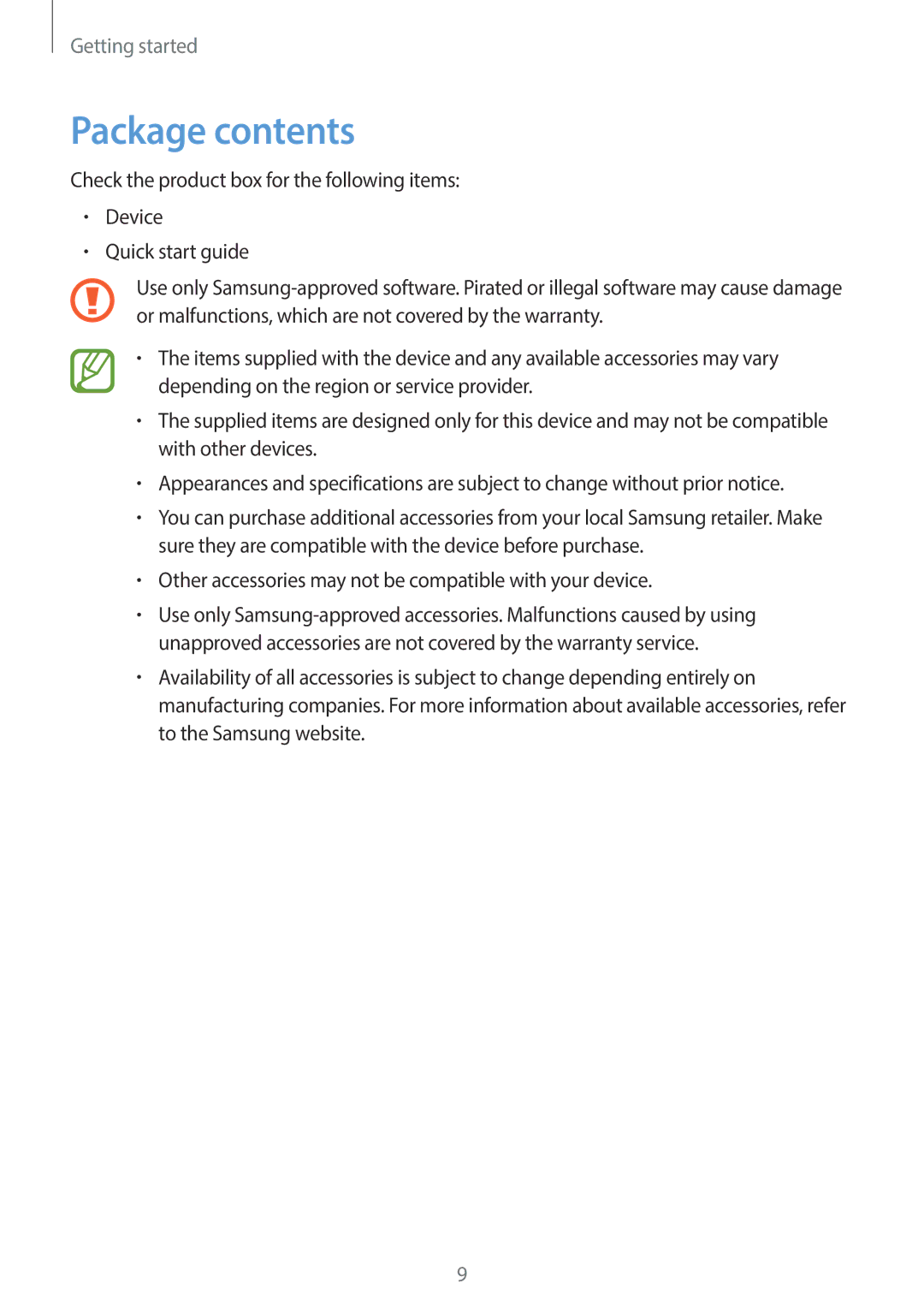 Samsung SM-T110 user manual Package contents 