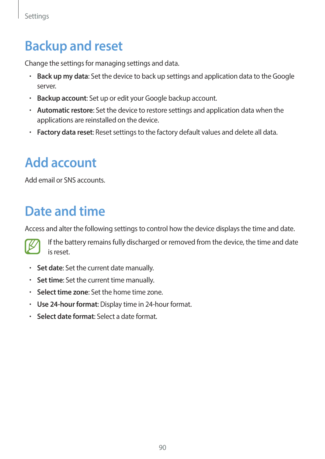 Samsung SM-T110 user manual Backup and reset, Add account, Date and time 