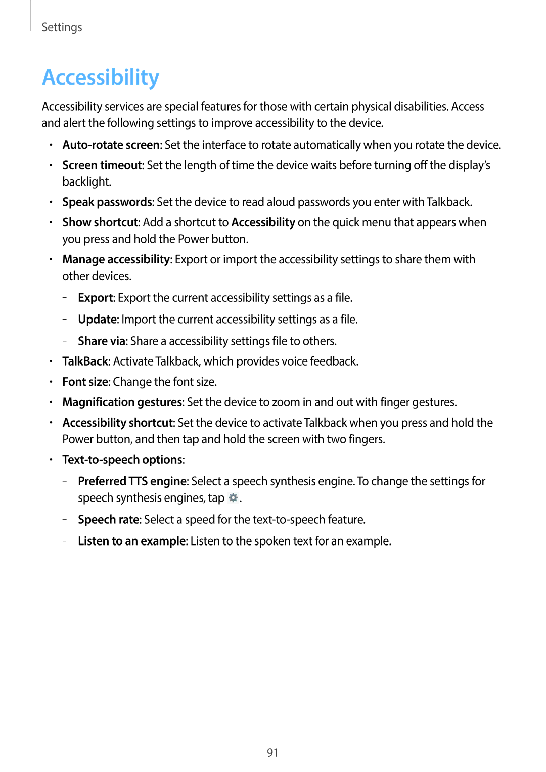 Samsung SM-T110 user manual Accessibility, Text-to-speech options 