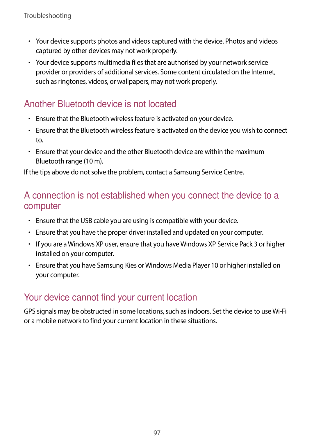 Samsung SM-T110 user manual Another Bluetooth device is not located 