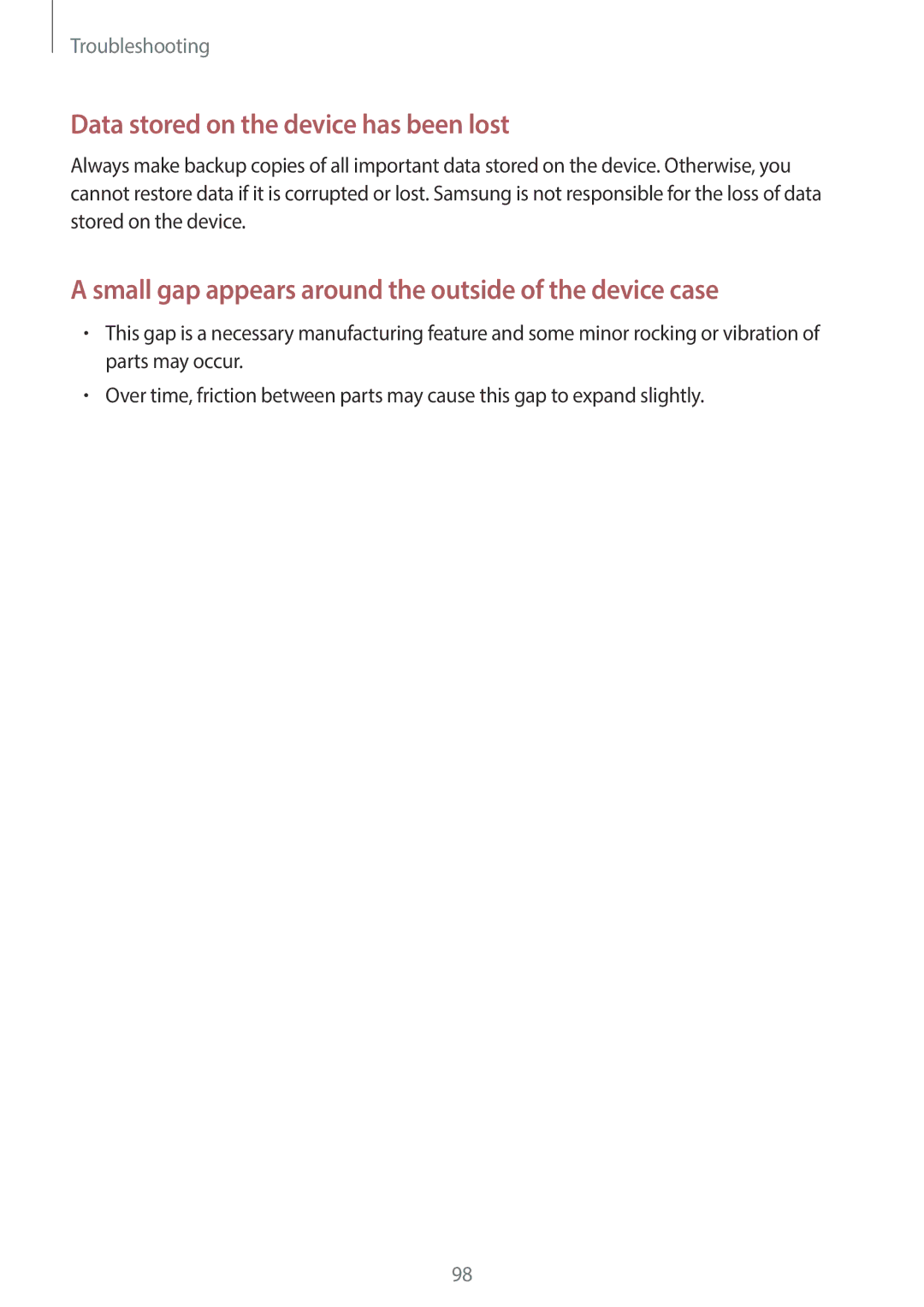 Samsung SM-T110 user manual Data stored on the device has been lost 