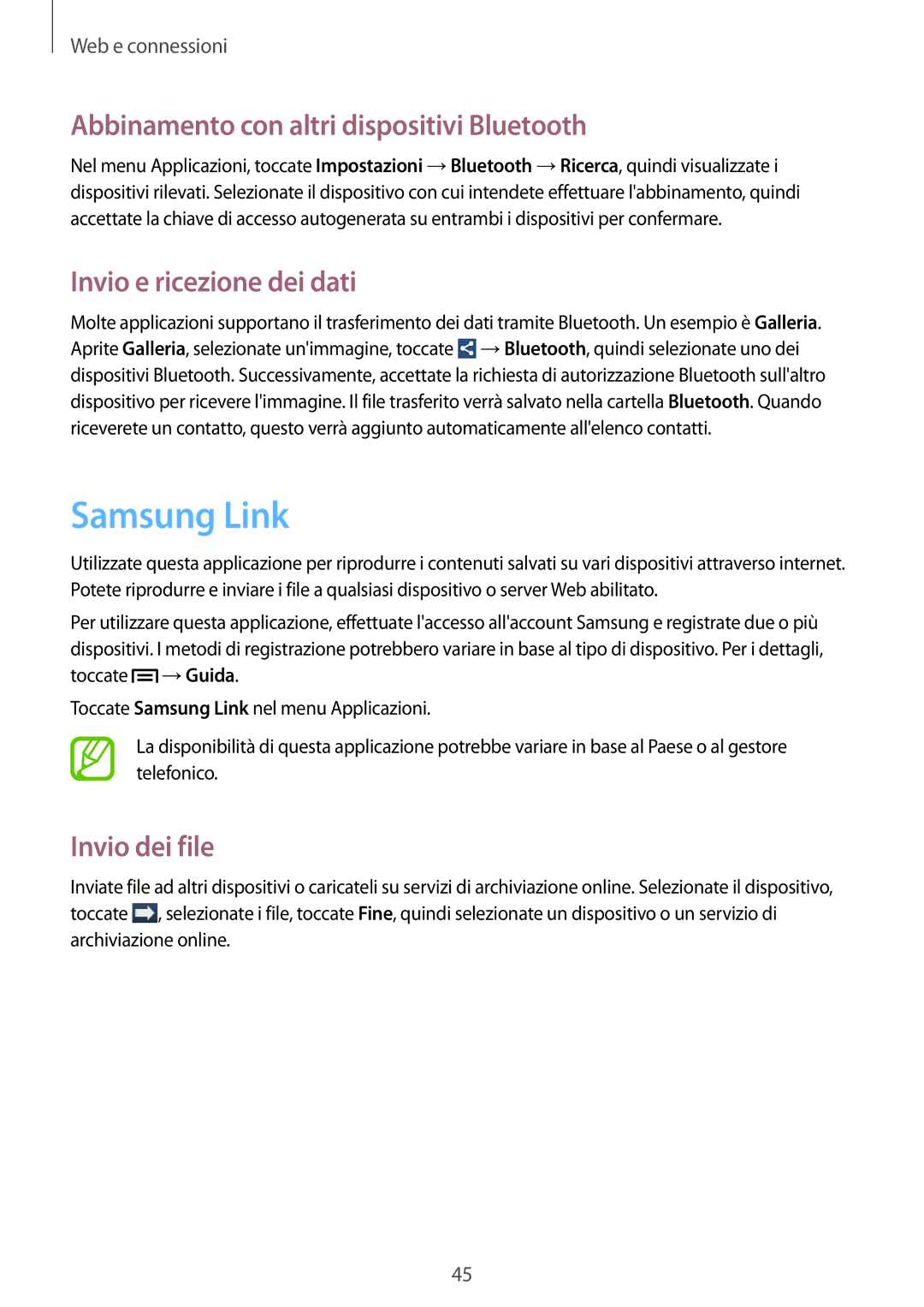 Samsung SM-T110NDWAITV manual Samsung Link, Abbinamento con altri dispositivi Bluetooth, Invio e ricezione dei dati 