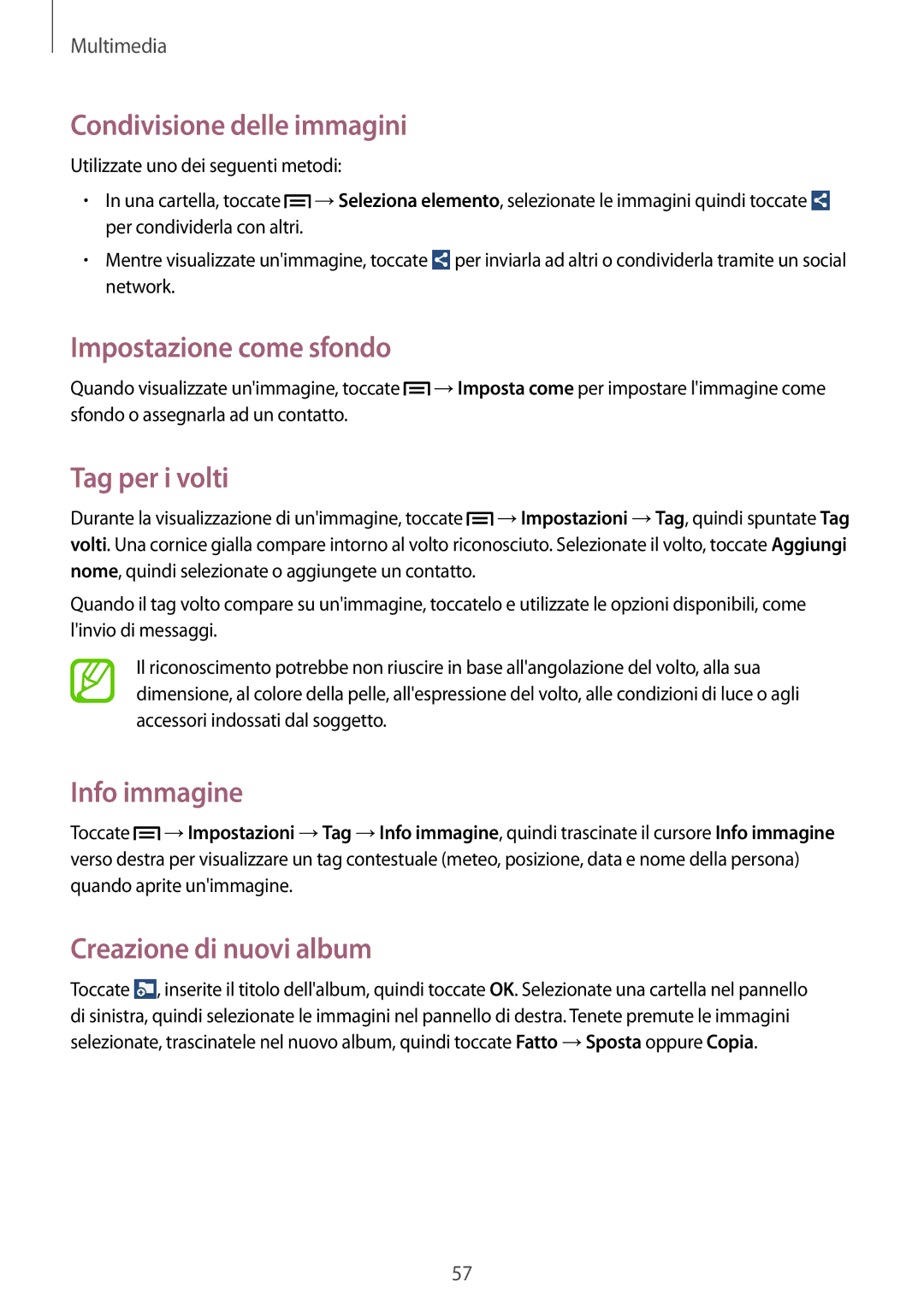 Samsung SM-T110NDWAITV manual Condivisione delle immagini, Impostazione come sfondo, Tag per i volti, Info immagine 