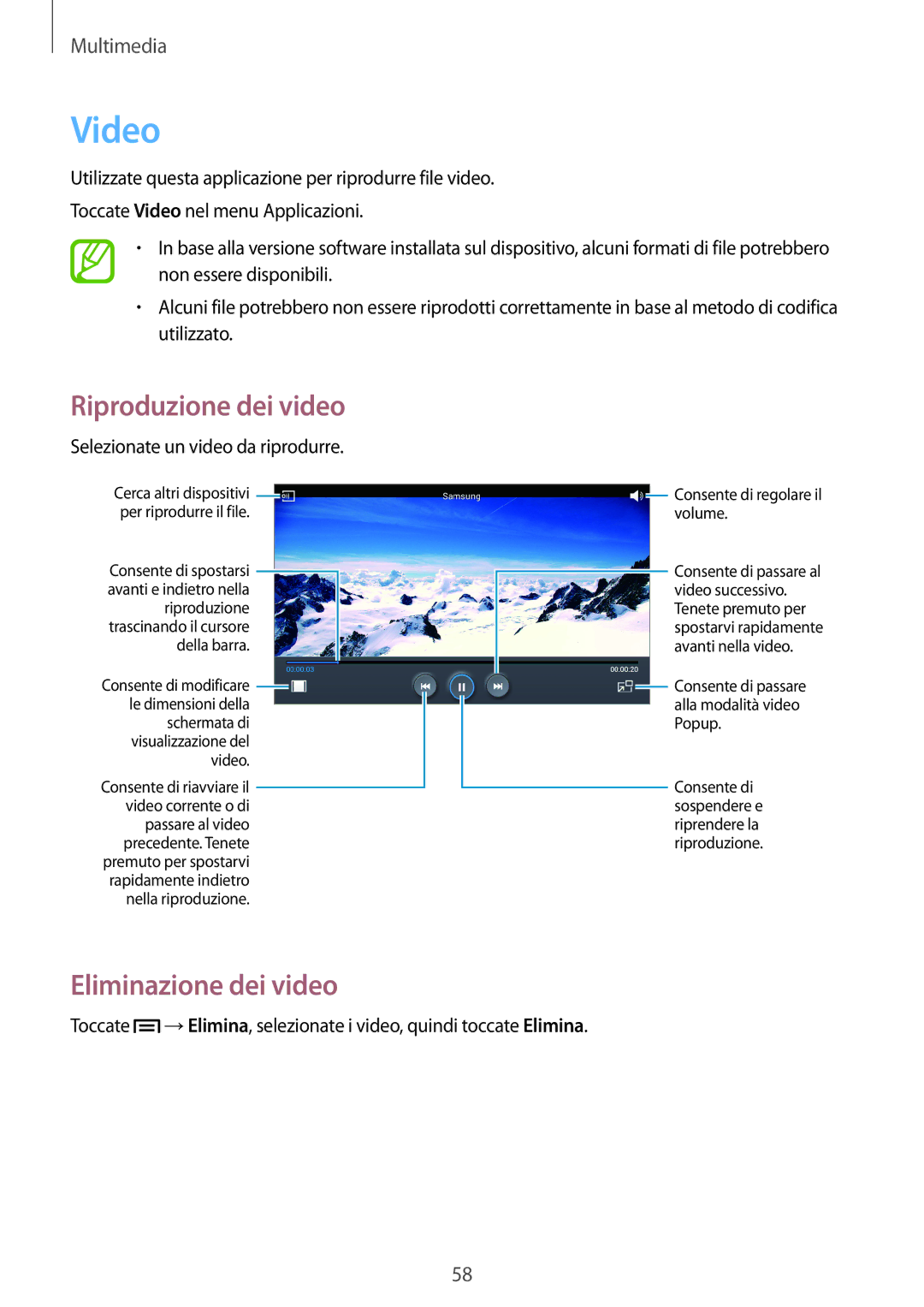 Samsung SM-T110NYKAAUT, SM-T110NDWATUR, SM-T110NDWAITV, SM-T110NYKAITV manual Video, Eliminazione dei video 