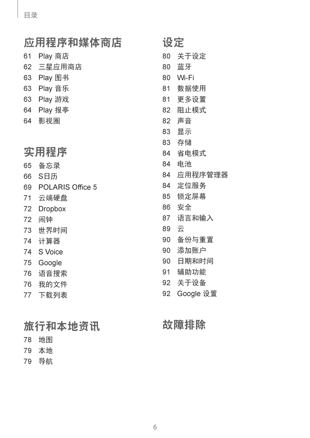 Samsung SM-T110NDWAXEH 关于设定, 三星应用商店, 数据使用, 更多设置, 阻止模式, 影视圈, 省电模式, 备忘录 S日历, 定位服务, 云端硬盘 锁定屏幕, 语言和输入, 世界时间 计算器 备份与重置, 添加账户 