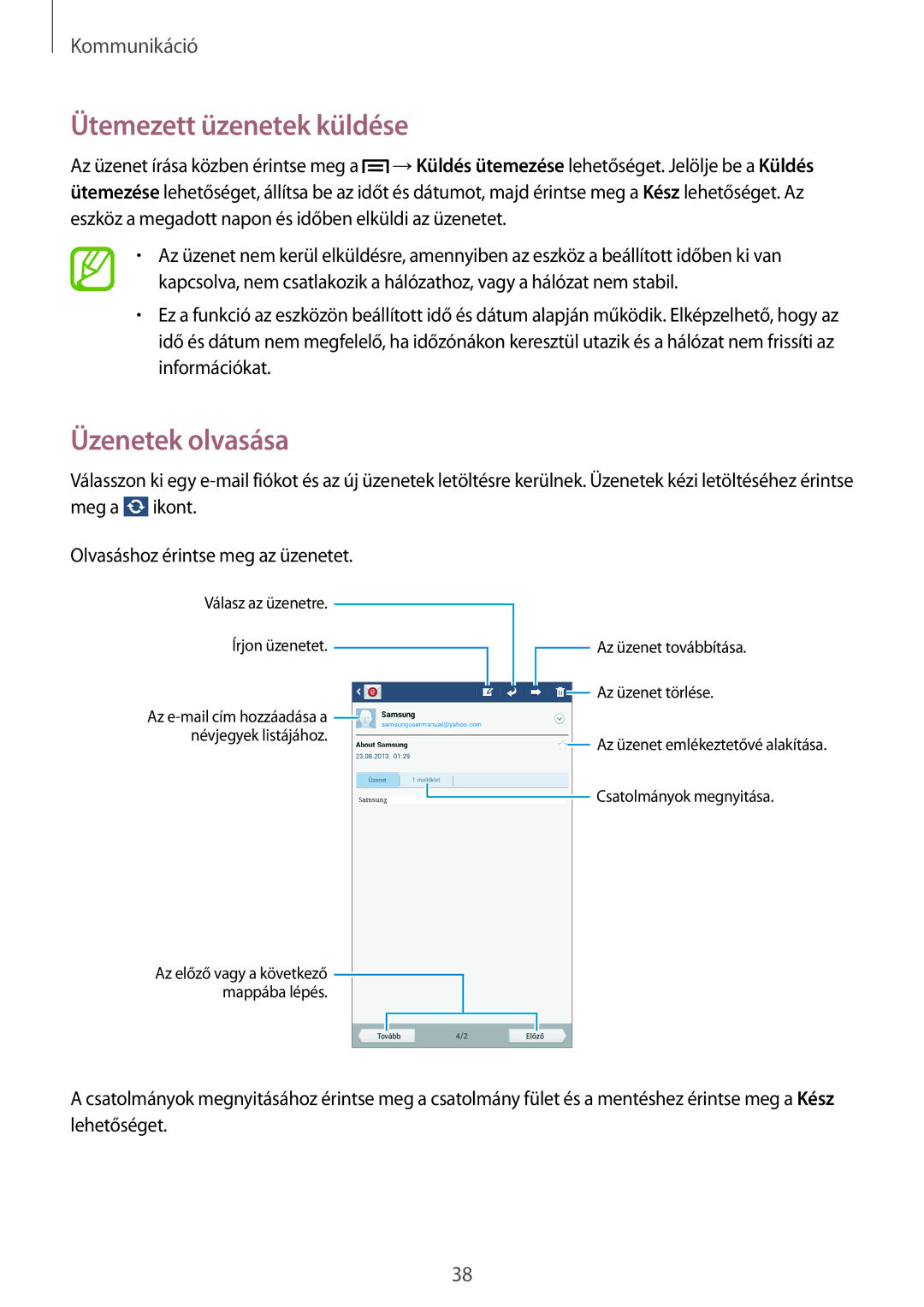 Samsung SM-T110NDWAXEH manual Ütemezett üzenetek küldése, Üzenetek olvasása 