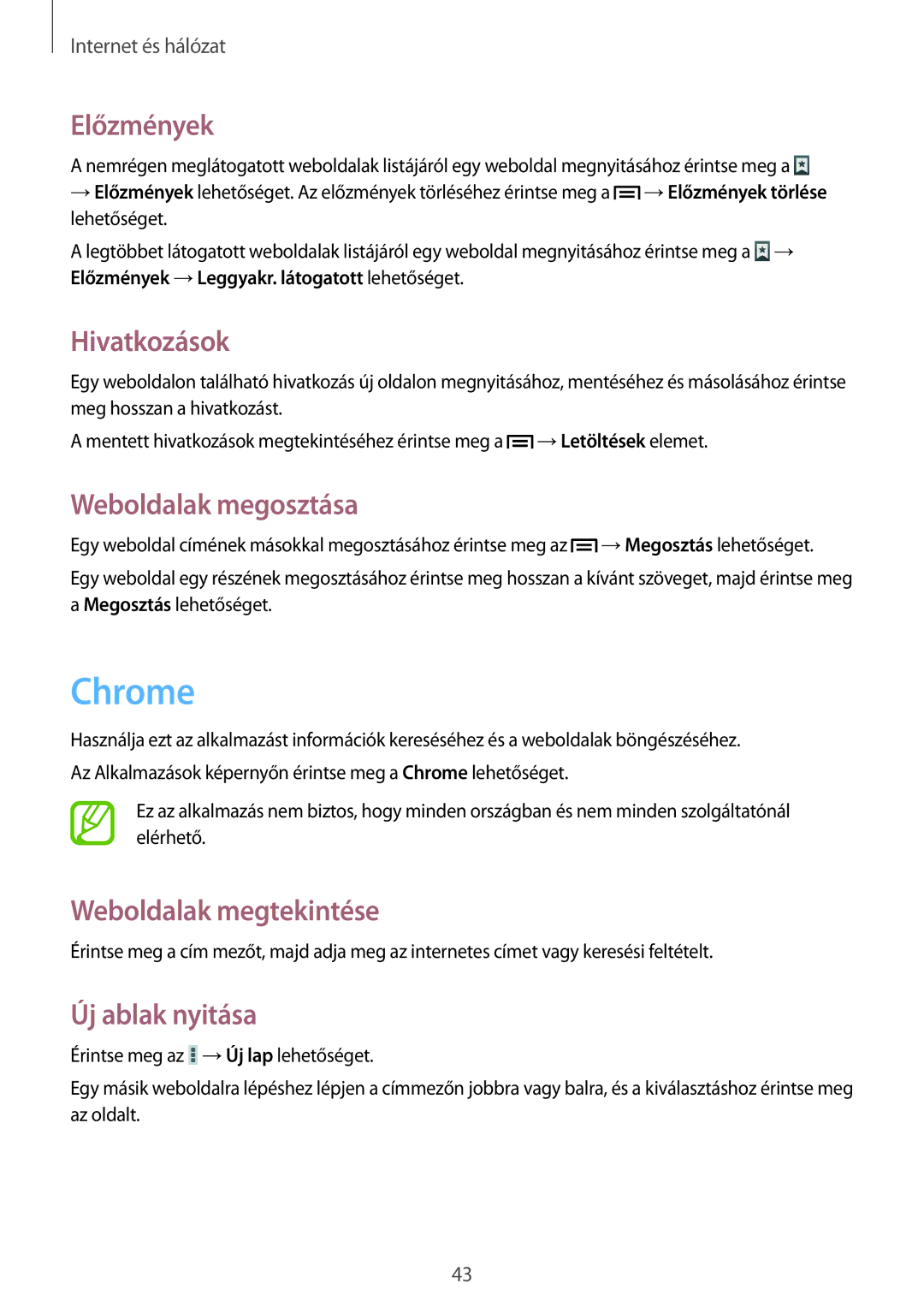 Samsung SM-T110NDWAXEH manual Chrome, Előzmények, Hivatkozások, Weboldalak megosztása 