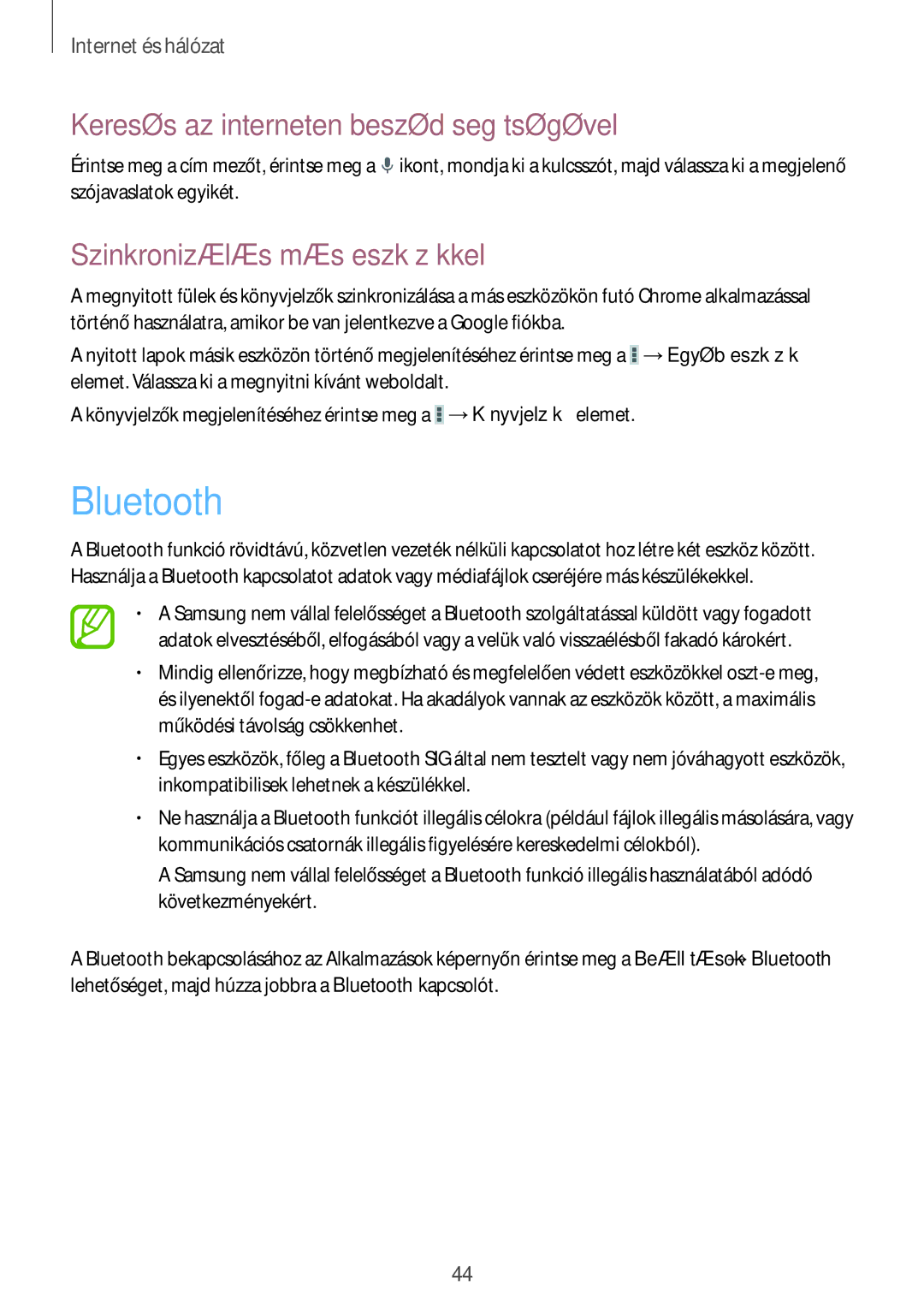 Samsung SM-T110NDWAXEH manual Bluetooth, Szinkronizálás más eszközökkel 