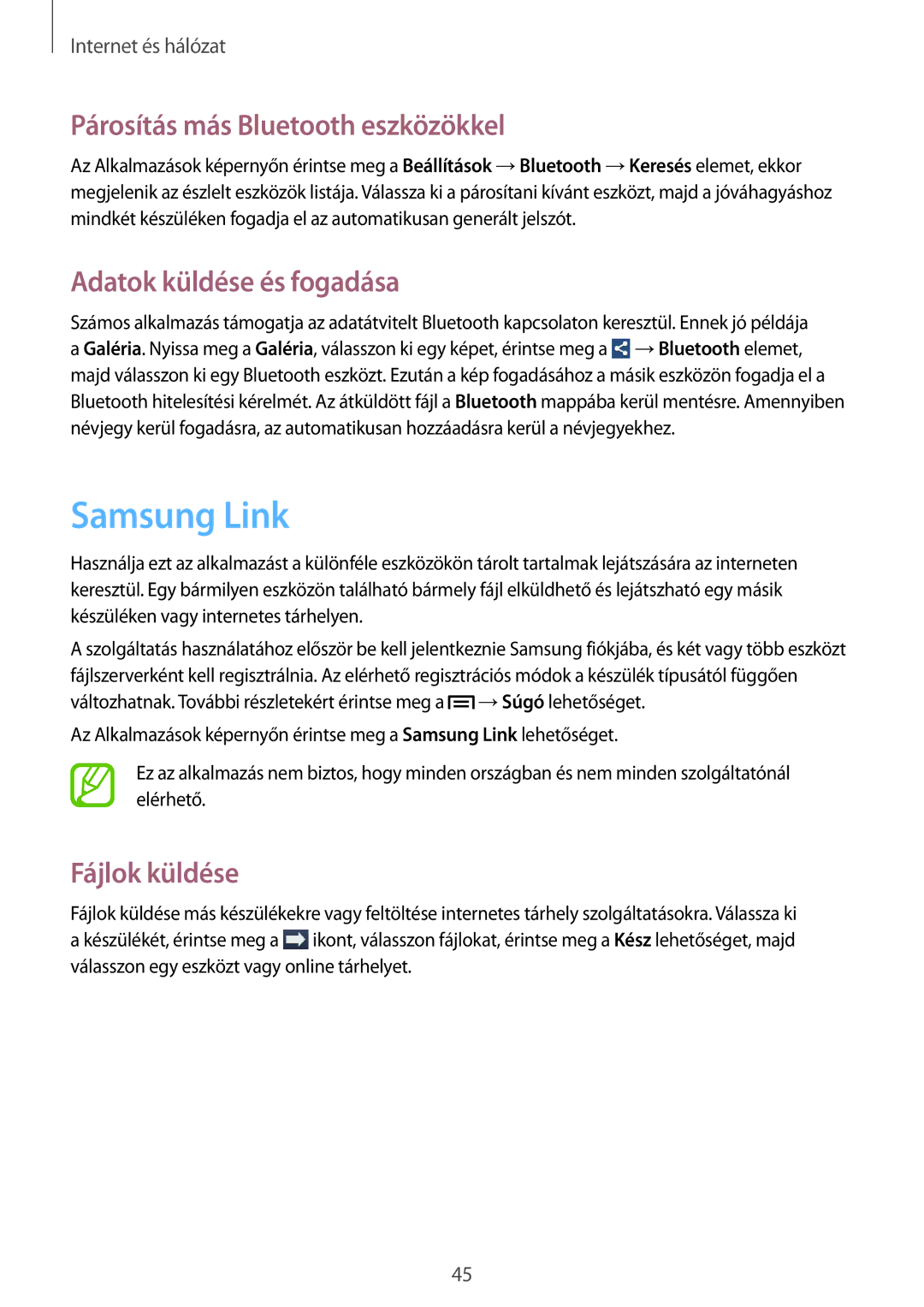 Samsung SM-T110NDWAXEH manual Samsung Link, Párosítás más Bluetooth eszközökkel, Adatok küldése és fogadása, Fájlok küldése 