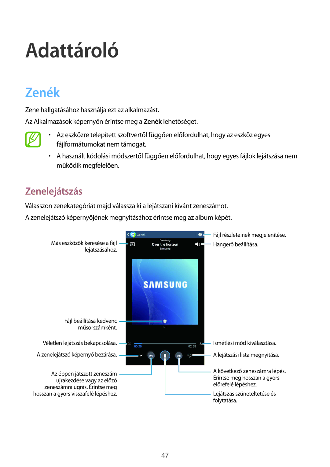 Samsung SM-T110NDWAXEH manual Adattároló, Zenék, Zenelejátszás 