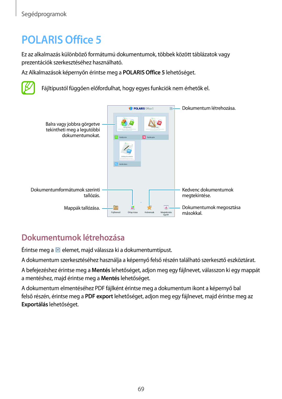 Samsung SM-T110NDWAXEH manual Polaris Office, Dokumentumok létrehozása 