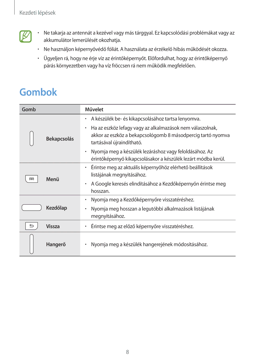 Samsung SM-T110NDWAXEH manual Gombok, Kezdeti lépések 