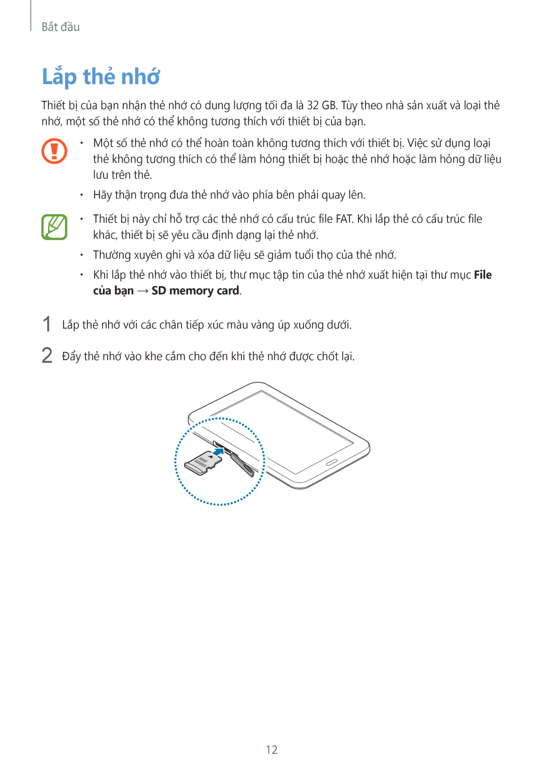 Samsung SM-T110NDWAXXV, SM-T110NYKAXXV manual Lắp thẻ nhớ 