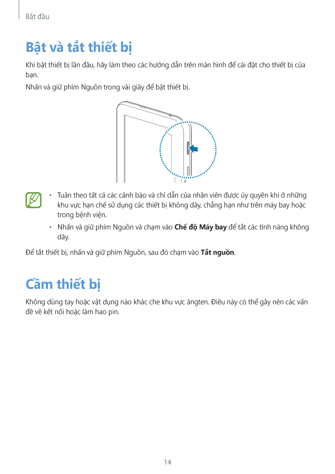 Samsung SM-T110NDWAXXV, SM-T110NYKAXXV manual Bật và tắt thiết bị, Cầm thiết bị 