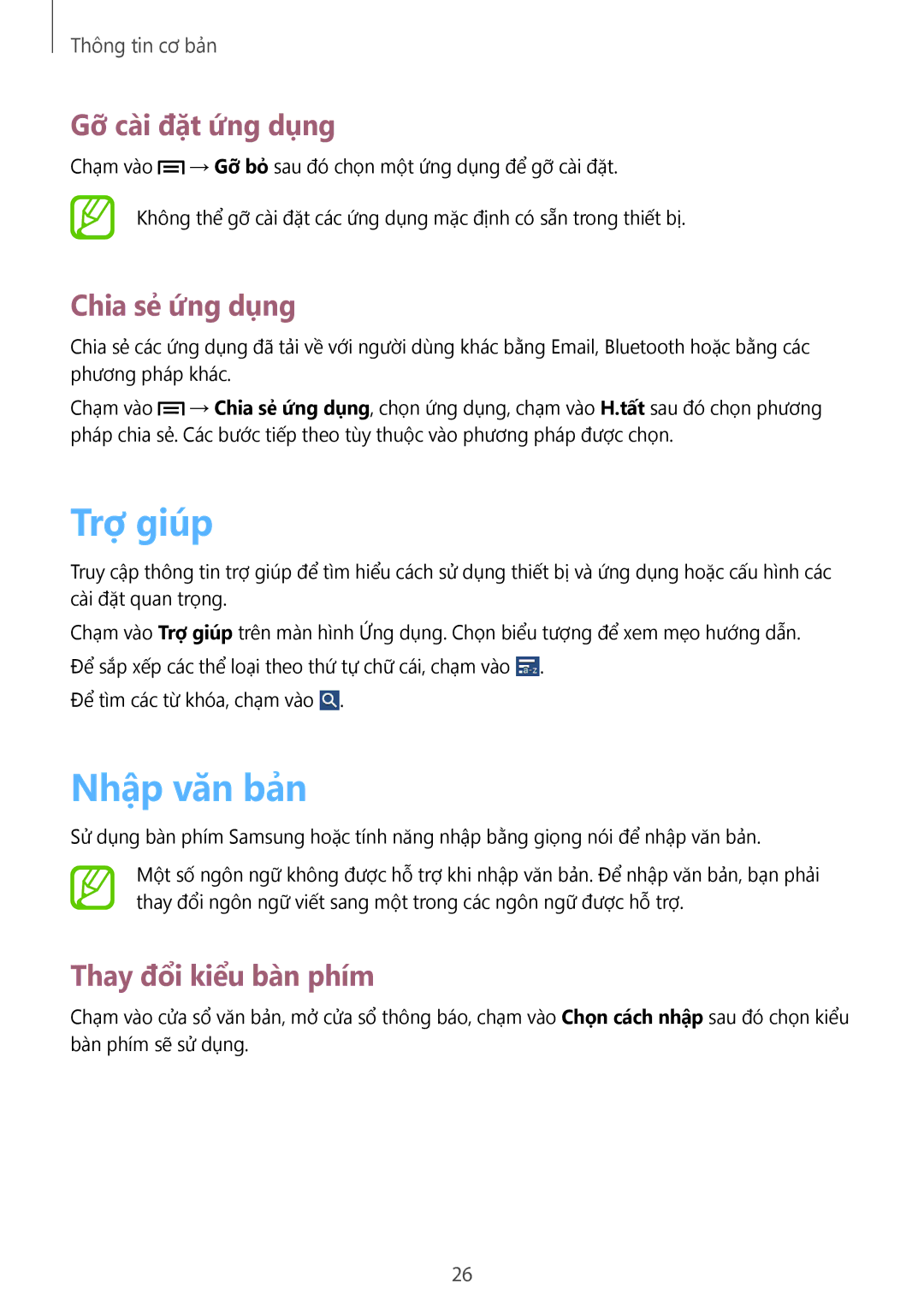 Samsung SM-T110NDWAXXV manual Trợ giúp, Nhập văn bản, Gỡ cài đặt ứng dụng, Chia sẻ ứng dụng, Thay đổ̉i kiểu bàn phím 