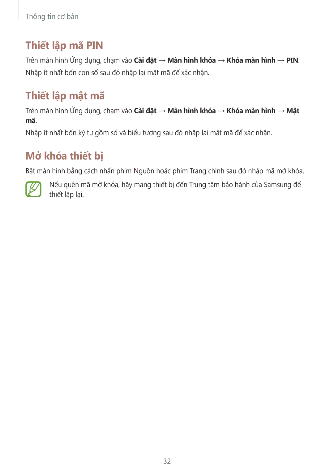 Samsung SM-T110NDWAXXV, SM-T110NYKAXXV manual Thiết lập mã PIN, Thiết lập mật mã, Mở khóa thiết bị 