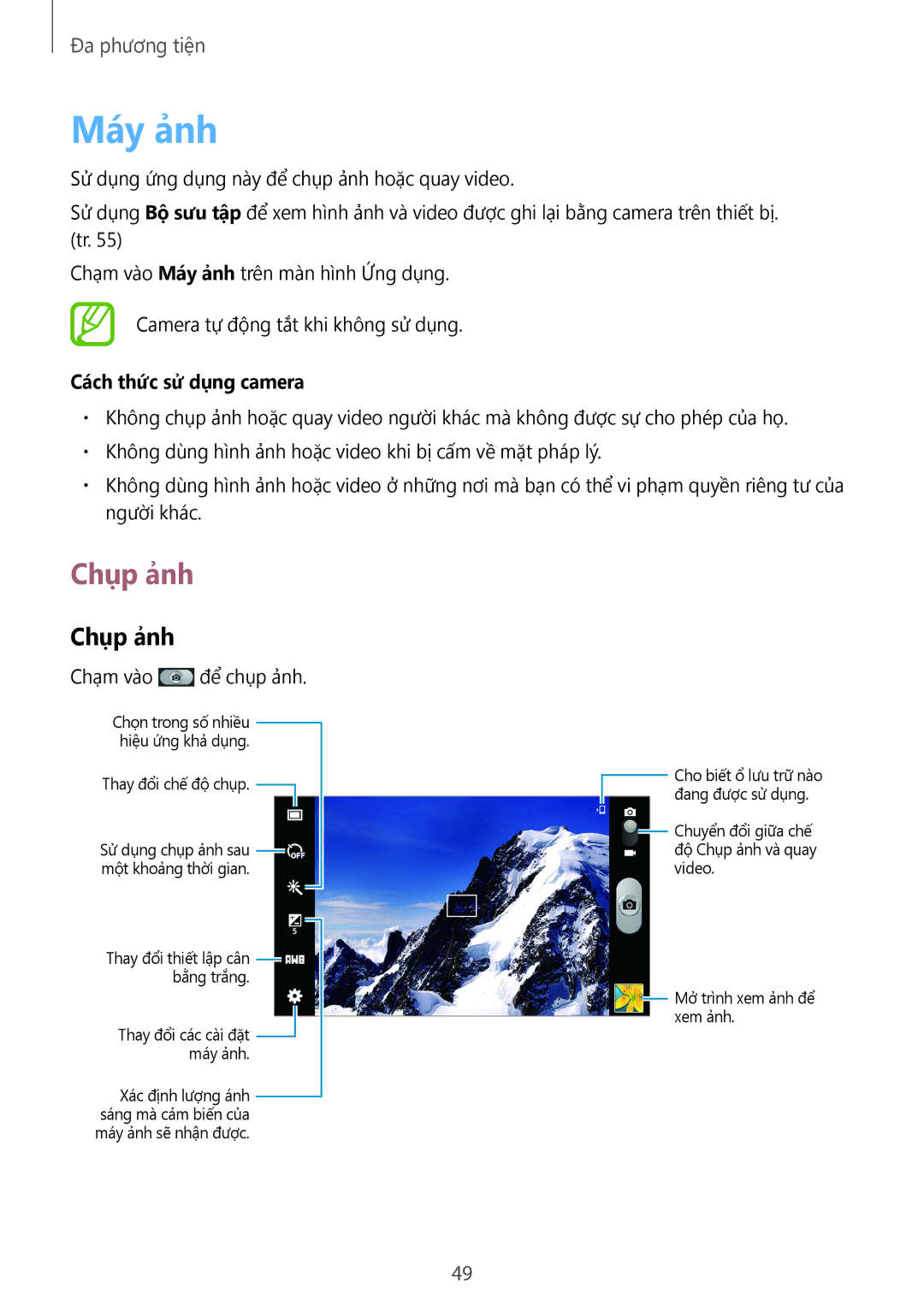 Samsung SM-T110NYKAXXV, SM-T110NDWAXXV manual Máy ảnh, Chụp ảnh, Cách thức sử dụng camera 