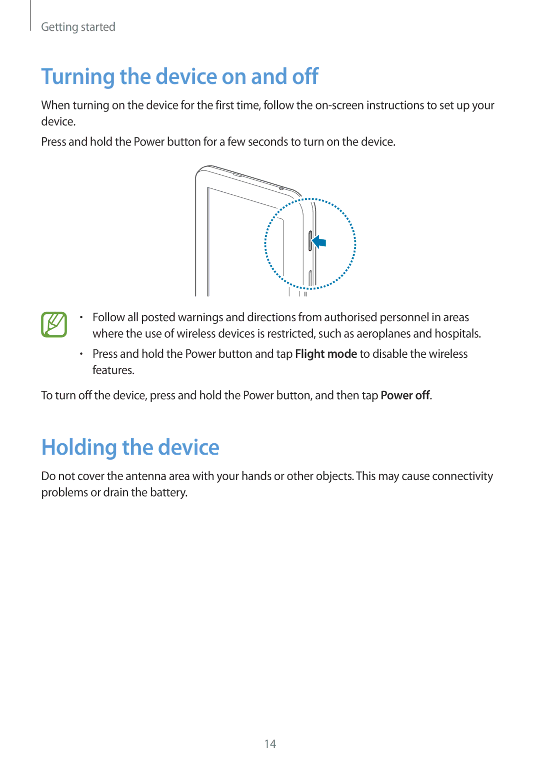 Samsung SM-T110NDWAXEF, SM-T110NYKATPH, SM-T110NDWADBT, SM-T110NYKAATO Turning the device on and off, Holding the device 