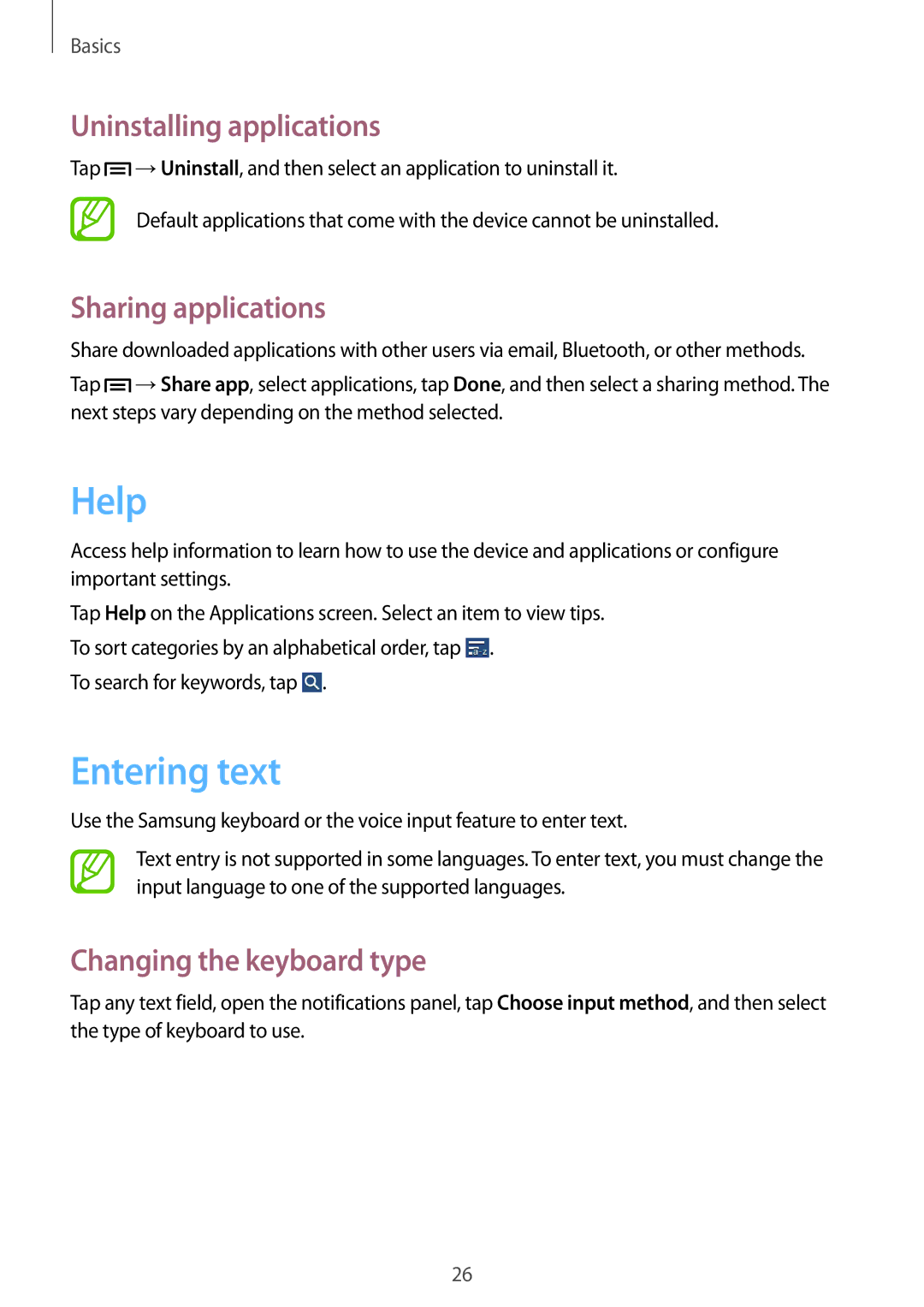 Samsung SM-T110XDWAAFR Help, Entering text, Uninstalling applications, Sharing applications, Changing the keyboard type 