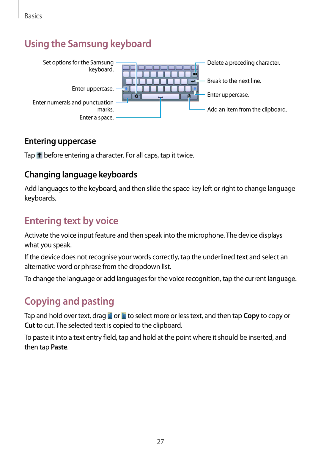 Samsung SM-T110XYKAAFR manual Using the Samsung keyboard, Entering text by voice, Copying and pasting, Entering uppercase 