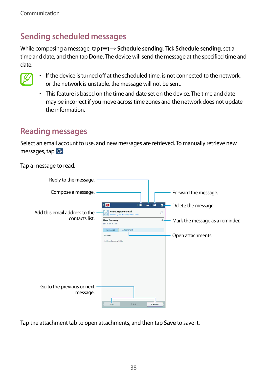 Samsung SM-T110NLYAXSK, SM-T110NYKATPH, SM-T110NDWADBT, SM-T110NYKAATO manual Sending scheduled messages, Reading messages 