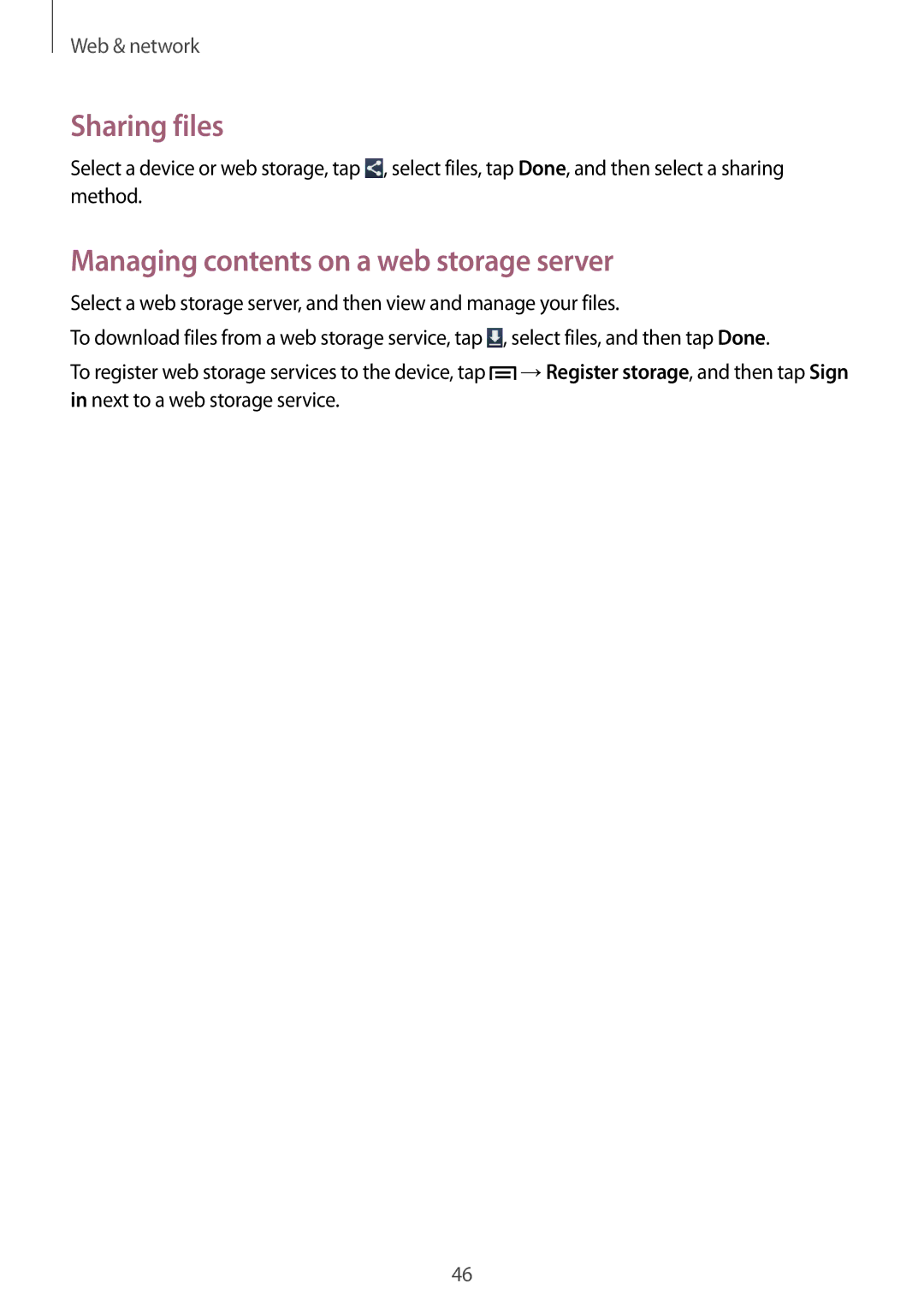 Samsung SM2T110NYKAXEH, SM-T110NYKATPH, SM-T110NDWADBT manual Sharing files, Managing contents on a web storage server 