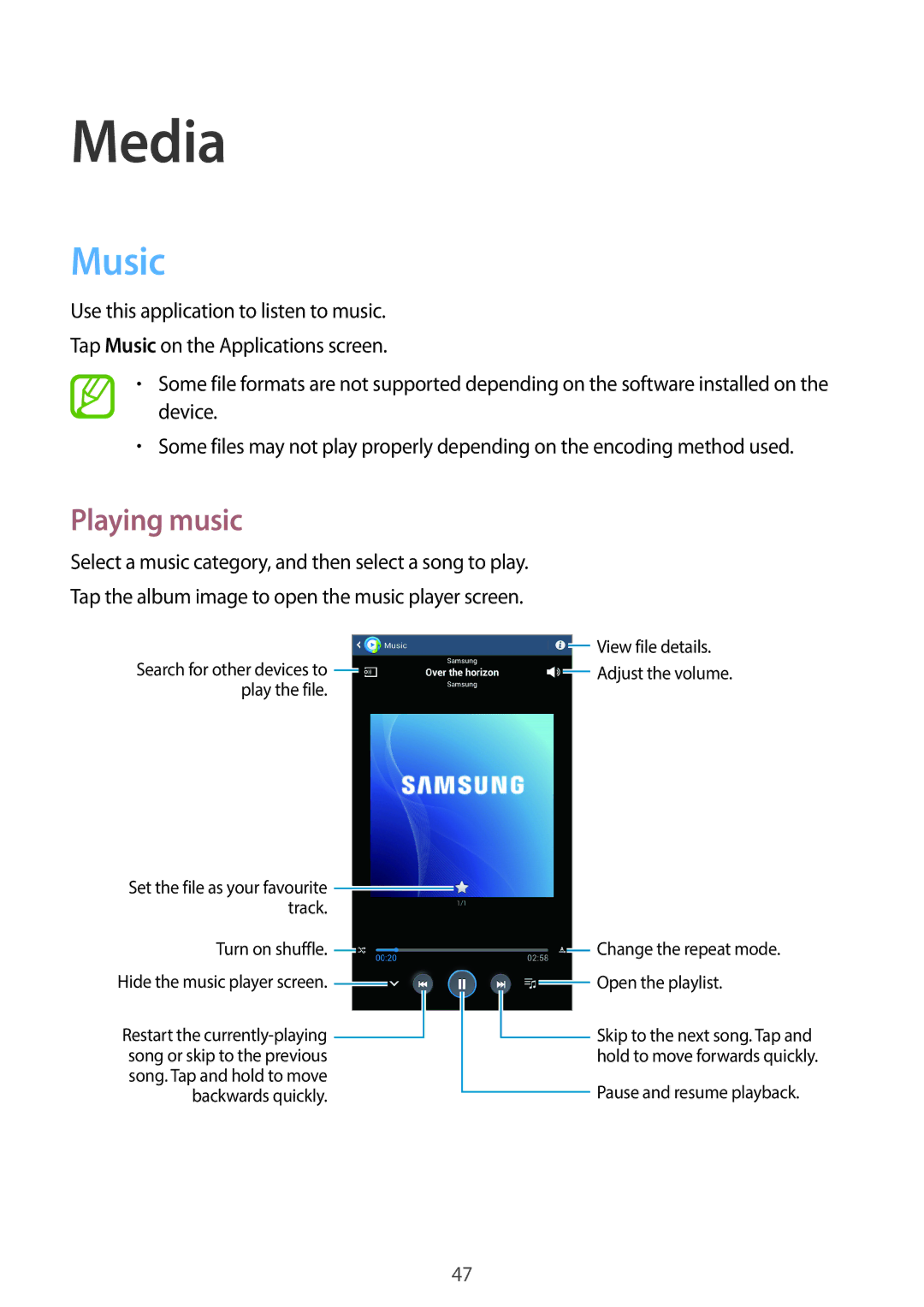 Samsung SM2T110NBGAXEZ, SM-T110NYKATPH, SM-T110NDWADBT, SM-T110NYKAATO, SM-T110XYKADBT manual Media, Music, Playing music 