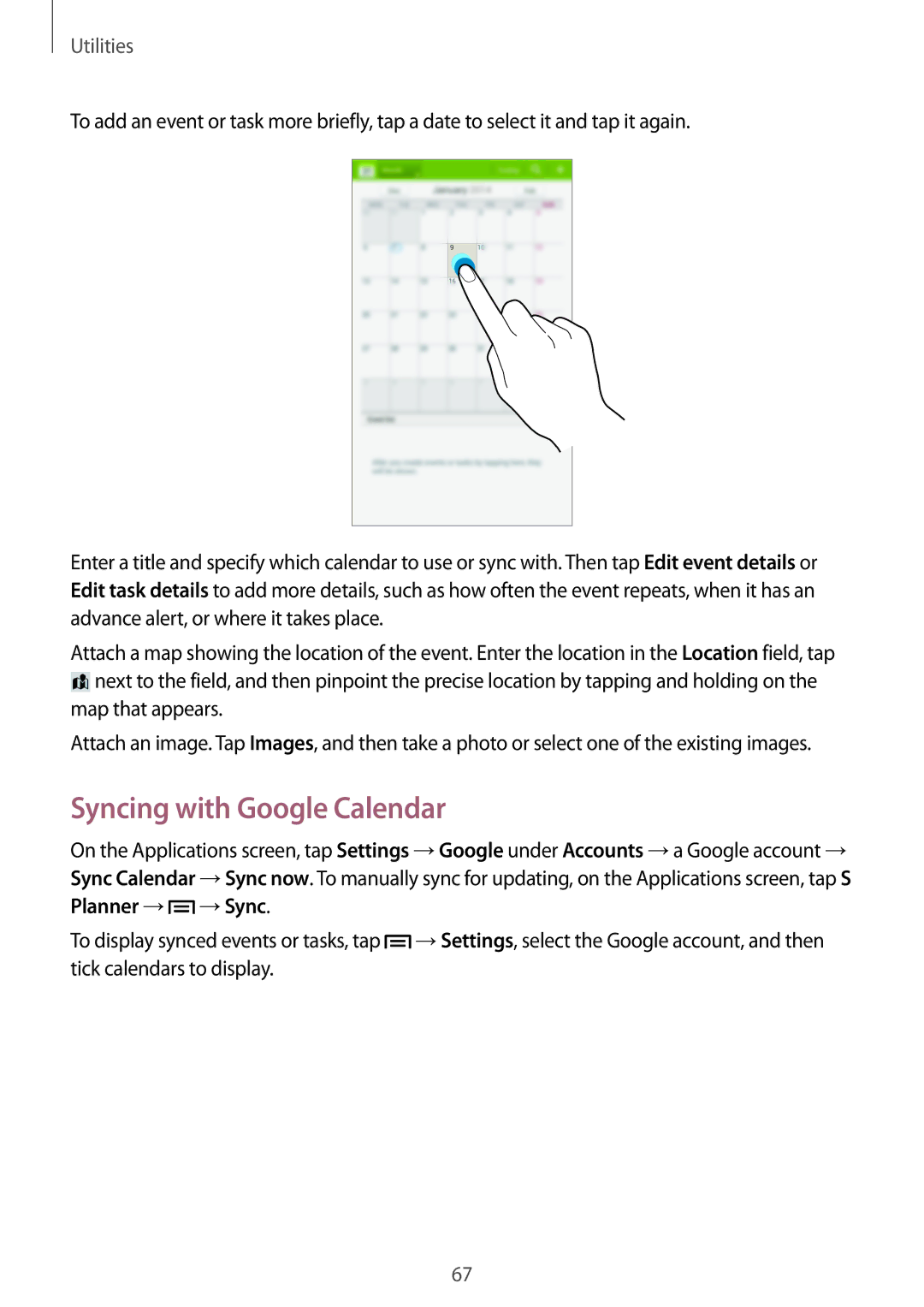 Samsung SM-T110NYKANEE, SM-T110NYKATPH, SM-T110NDWADBT, SM-T110NYKAATO, SM-T110XYKADBT manual Syncing with Google Calendar 